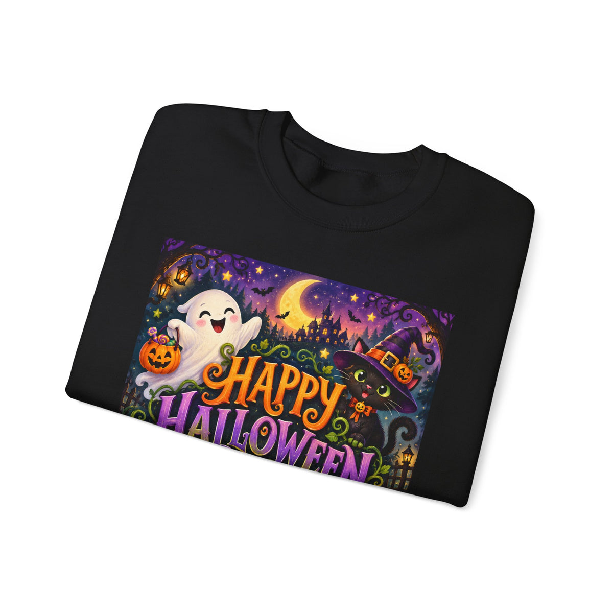 Happy Halloween Crewneck Sweatshirt — Cute Ghost & Jack-o'-Lantern Halloween Sweater