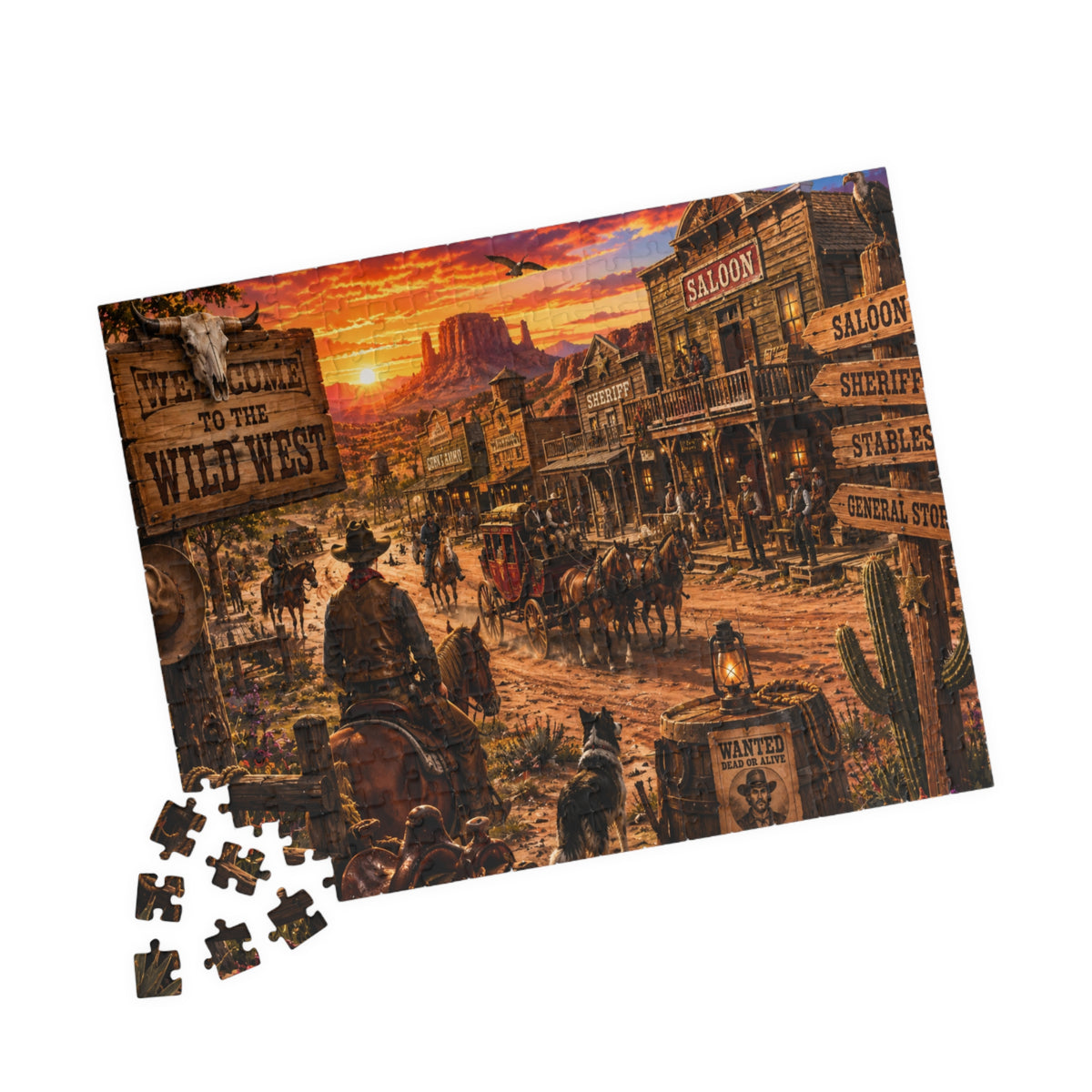 Wild West Saloon Jigsaw Puzzle — Vintage Cowboy Town Sunset (110/252/520/1014 pcs)