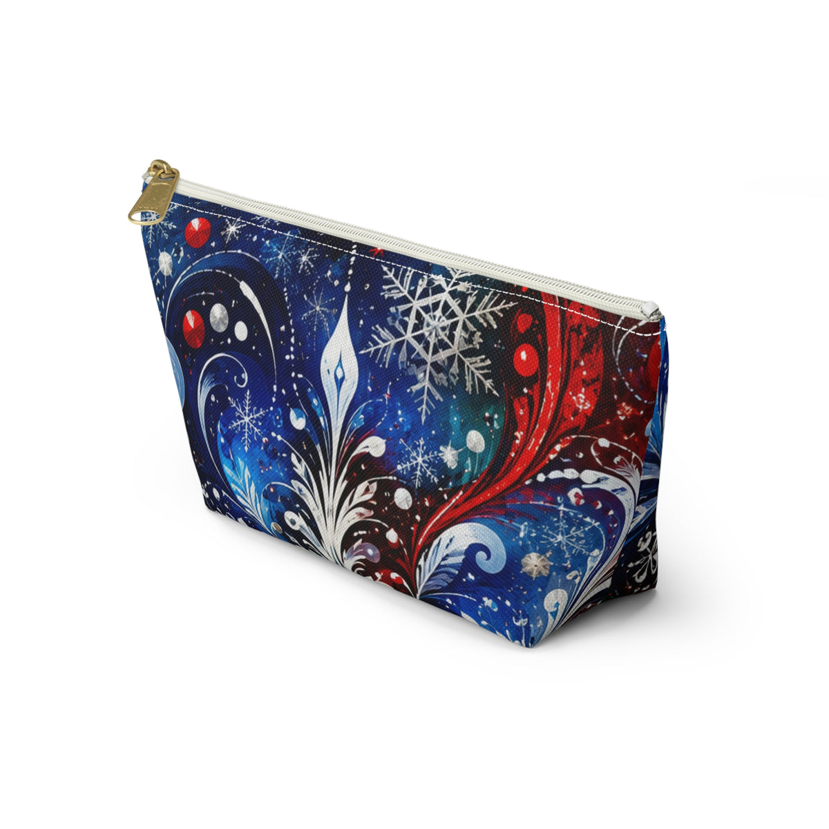 Winter Floral Accessory Pouch — Snowflake Cosmetic Bag with T-Bottom