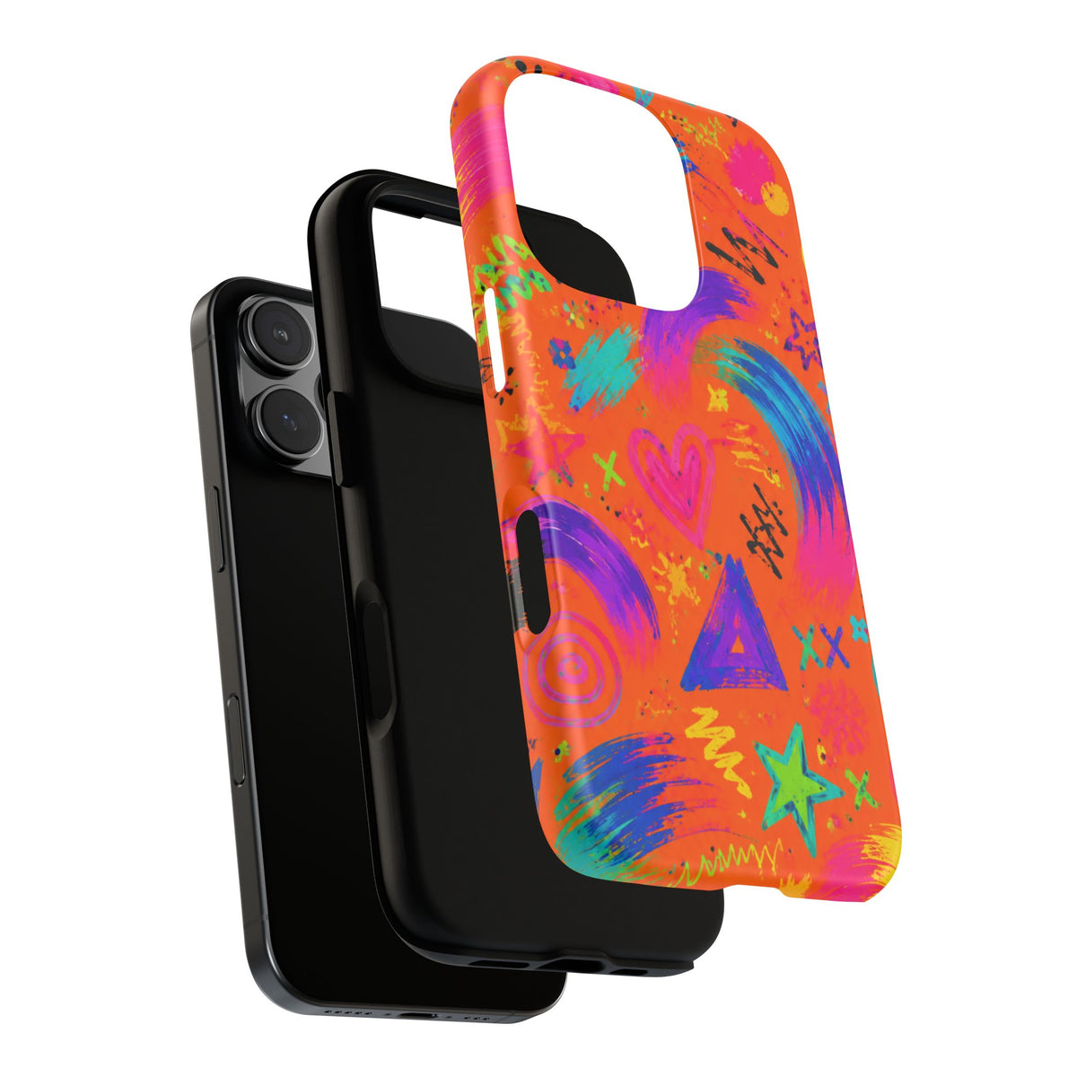 Colorful Neon Doodle Phone Case — Bright Abstract Stars & Hearts Tough Case