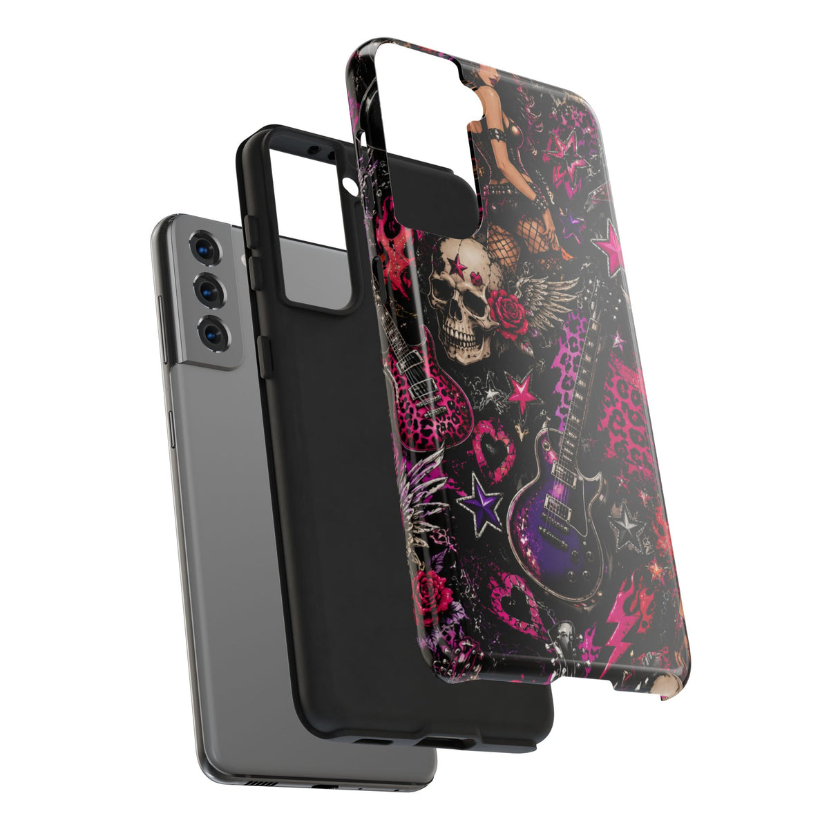 Rock Skull Guitar Phone Case — Edgy Pink Skull & Roses Tough Phone Case