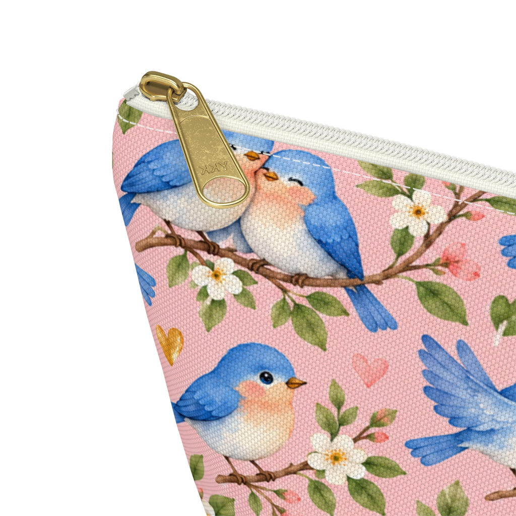 Bluebird Pattern Accessory Pouch | Pink Floral Zip Pouch