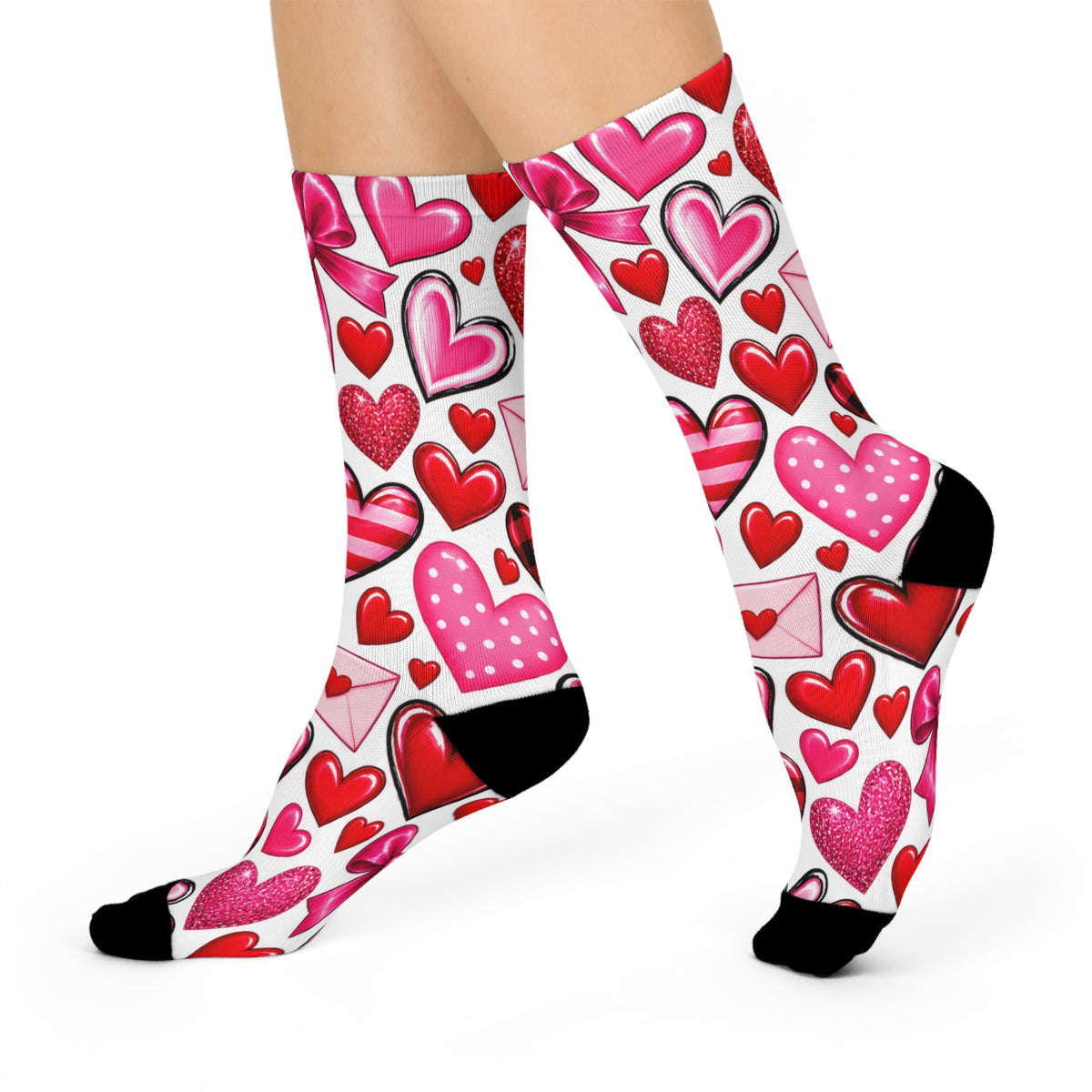 Valentine Hearts Cushioned Crew Socks - Pink Red Heart Pattern