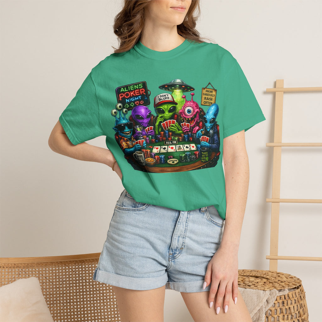 Aliens Poker Night T-shirt | Funny UFO Casino Card Game Design