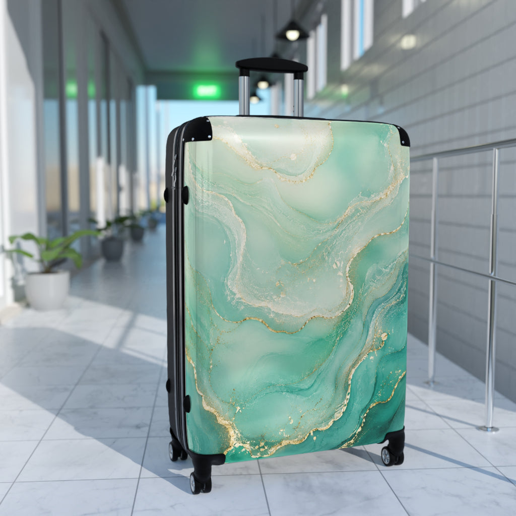 Teal Marble Carry-On Suitcase — Elegant Travel Luggage with Gold Vein Design