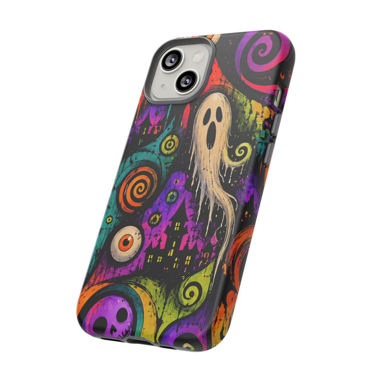 Halloween Ghost Phone Case — Colorful Spooky Skull & Haunted House Tough Case