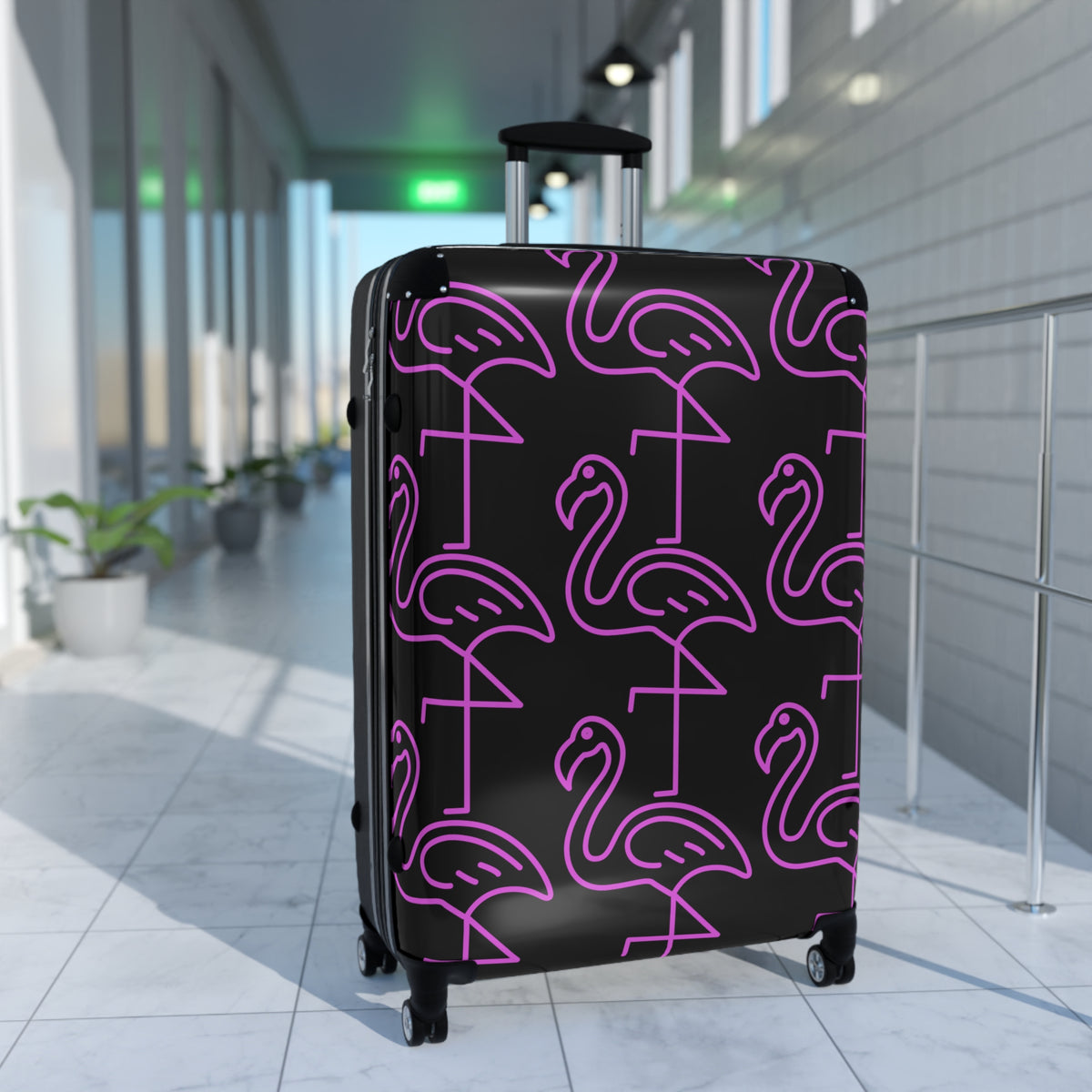 Neon Pink Flamingo Carry-On Suitcase — Retro Tropical Travel Luggage