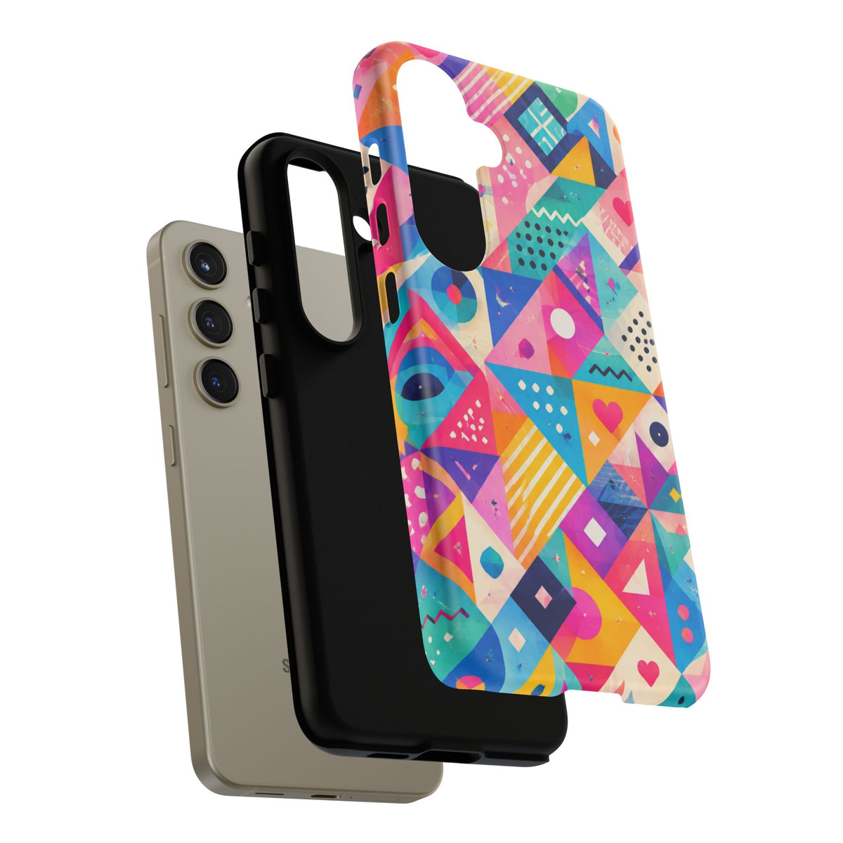 Colorful Geometric Tough Phone Case — Bright Abstract Heart & Triangle Pattern
