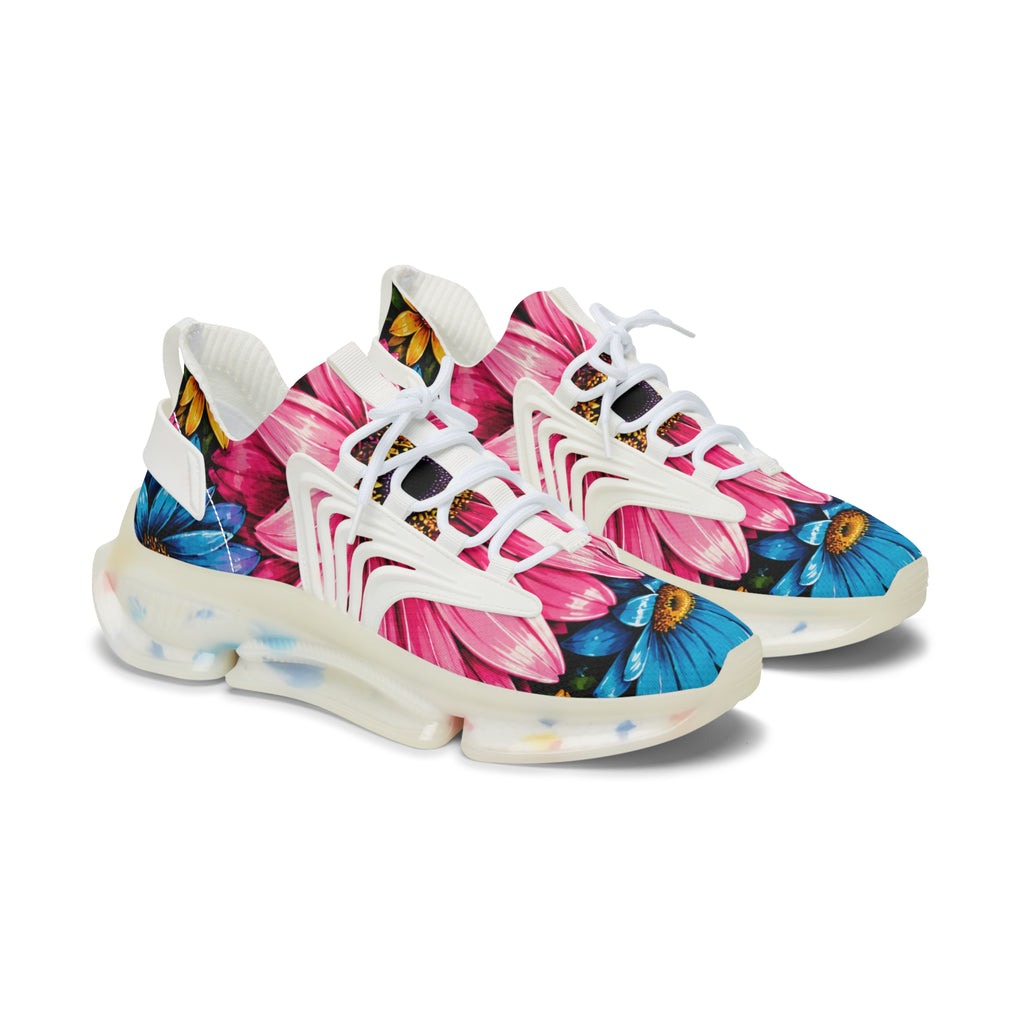 Floral Mesh Sneakers — Pink & Blue Daisy Athletic Shoes for Women