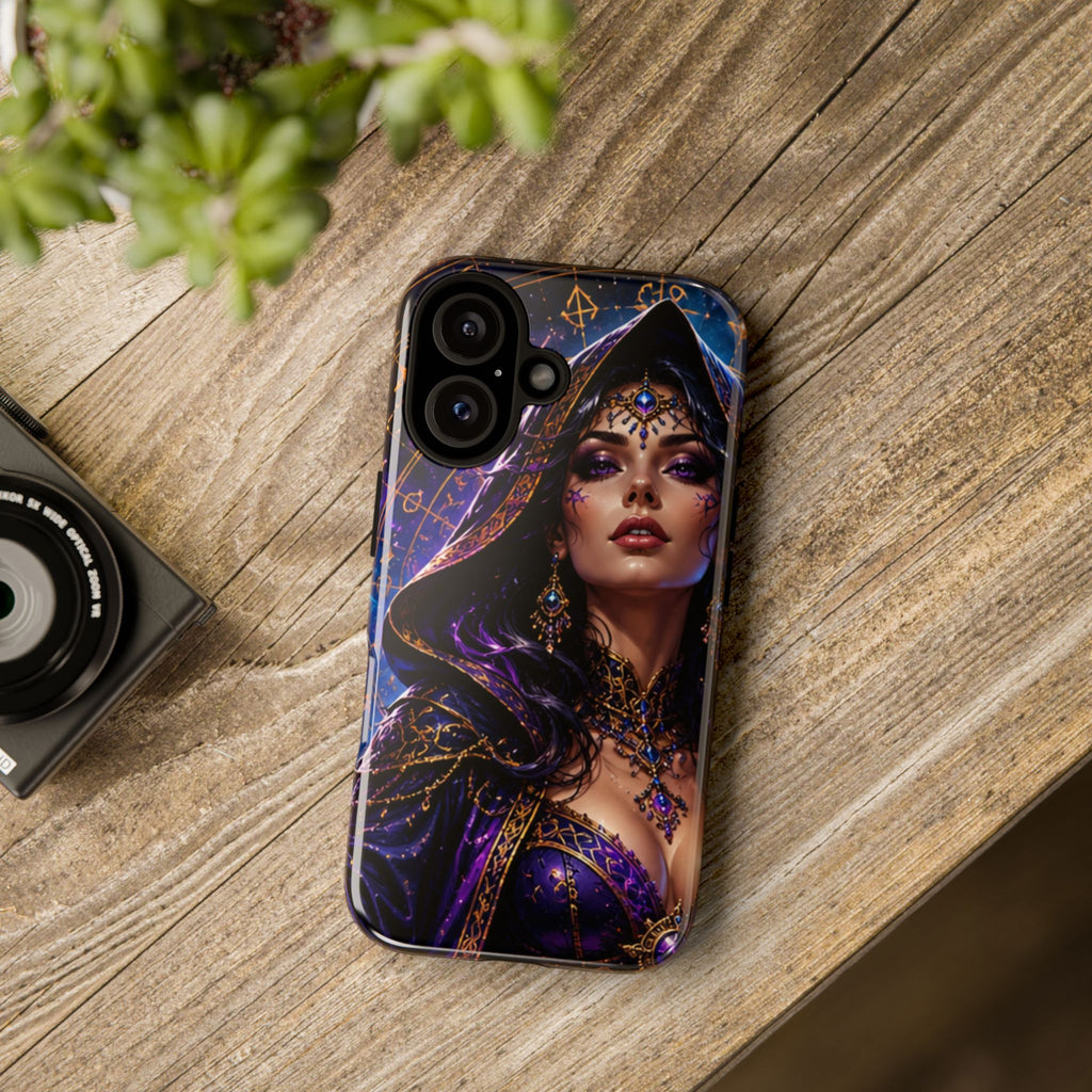 Phone Case — Mystical Sorceress Art Protective Tough Case (Astrology, Purple Hooded Witch)