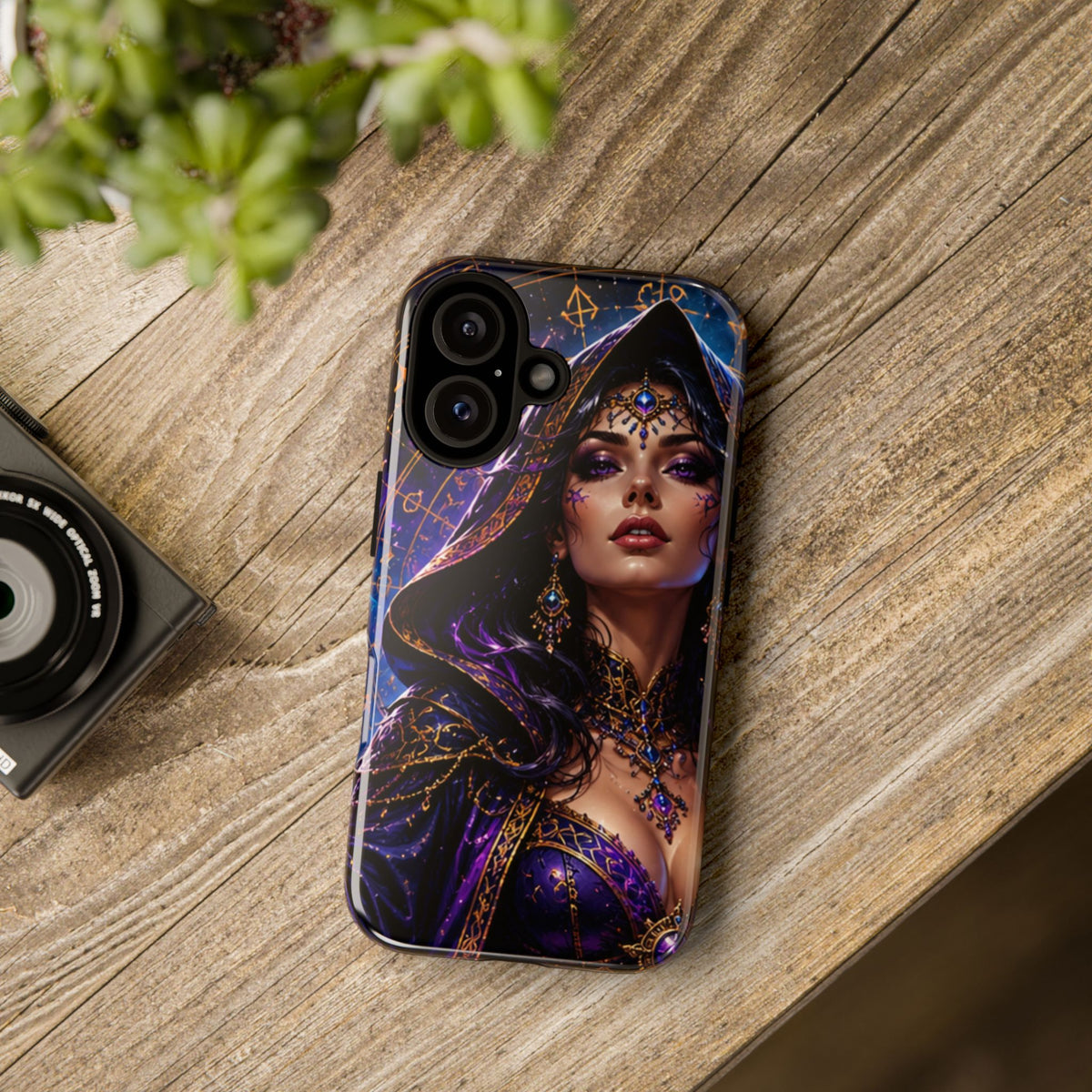 Phone Case — Mystical Sorceress Art Protective Tough Case (Astrology, Purple Hooded Witch)