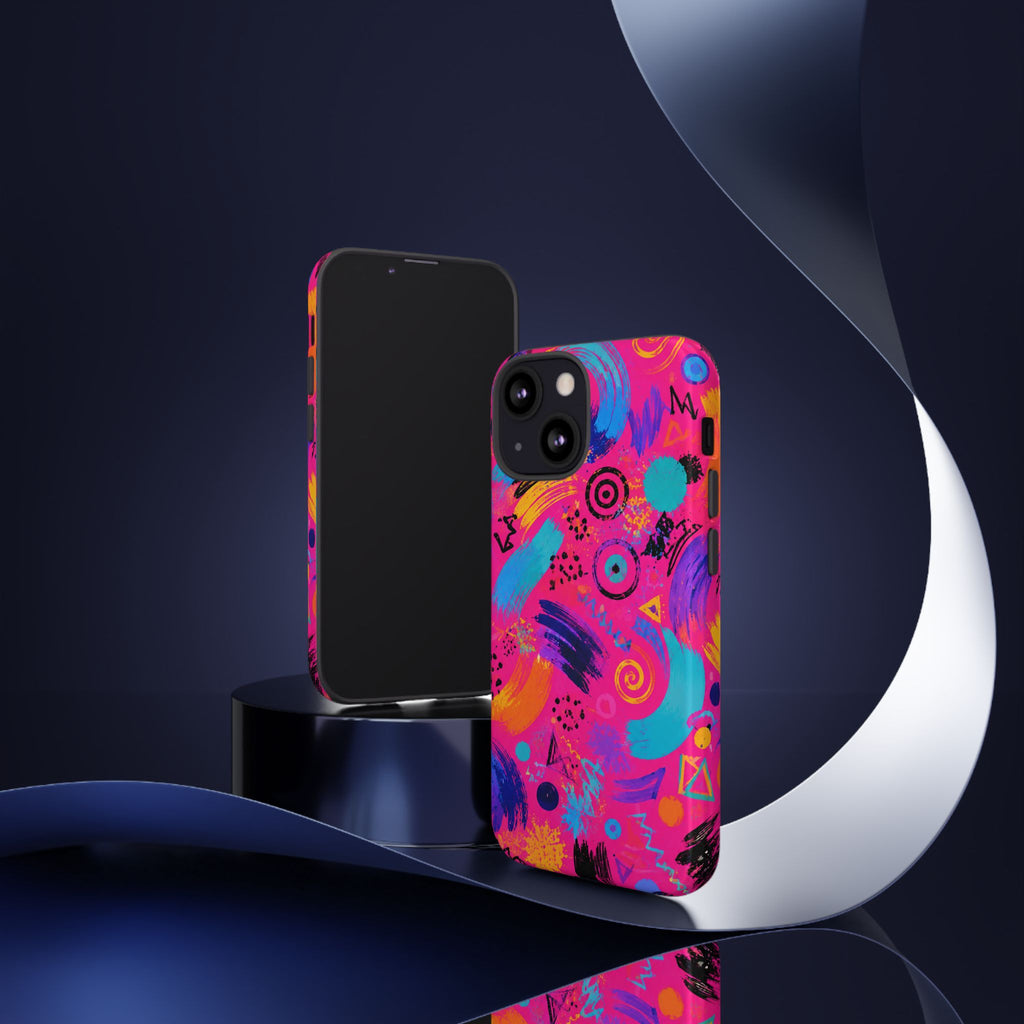 Neon Retro Abstract Tough Phone Case — 80s Brushstroke Pattern