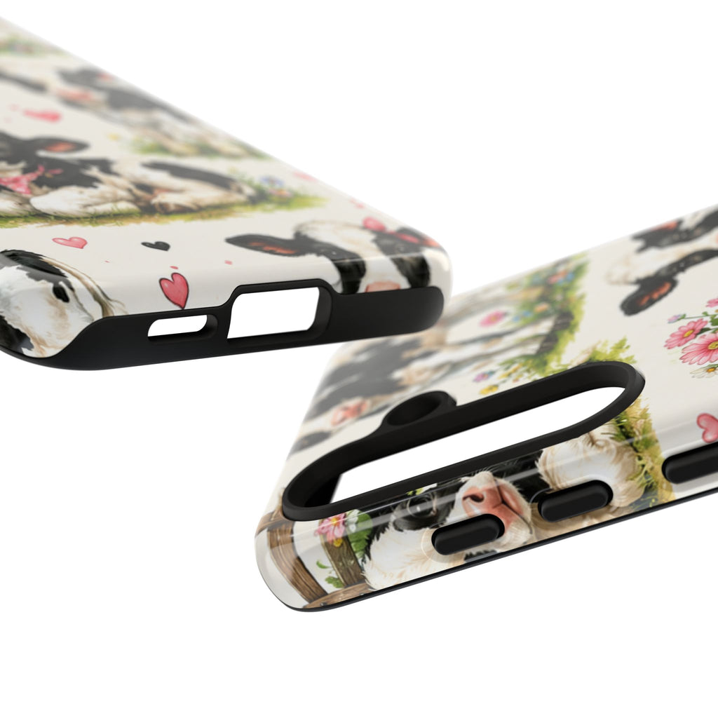 Cute Calf Pattern Phone Case – Pastel Cow Hearts & Flowers Protective Cover