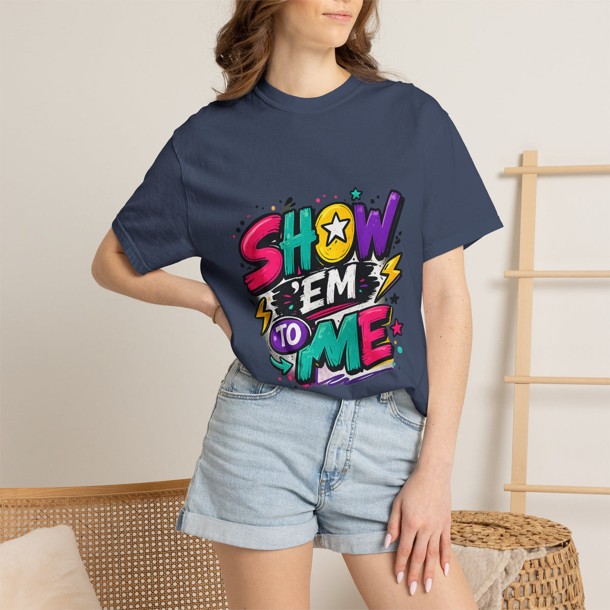 Show 'Em to Me bold pop art design T-shirt | colorful graphic tee