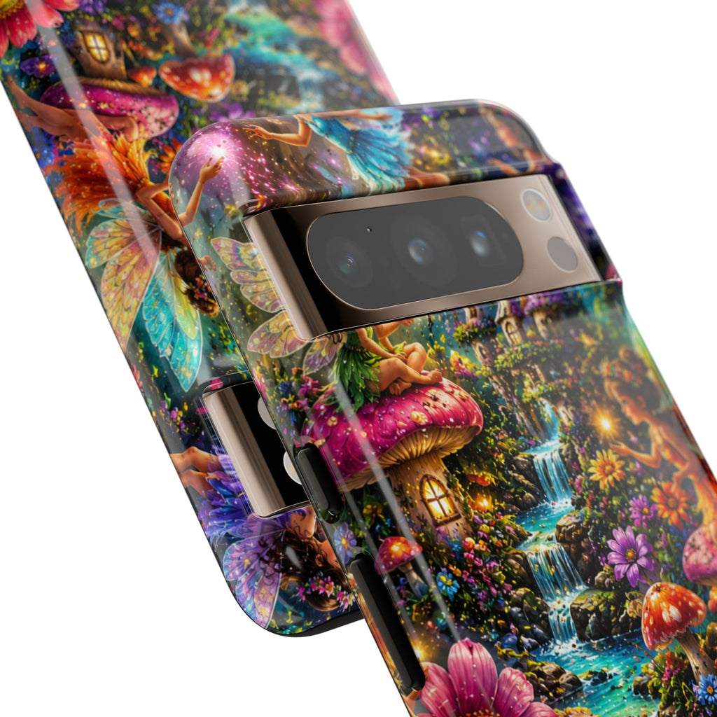 Fairy Garden Tough Phone Case — Whimsical Cottage, Waterfall & Mushroom Artwork