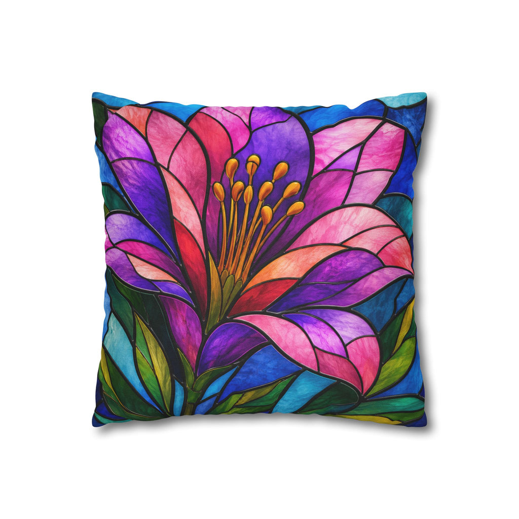 Stained Glass Floral Pillowcase — Vibrant Pink & Purple Blossom Square Cushion Cover