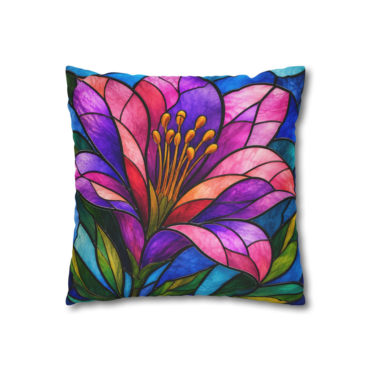 Stained Glass Floral Pillowcase — Vibrant Pink & Purple Blossom Square Cushion Cover
