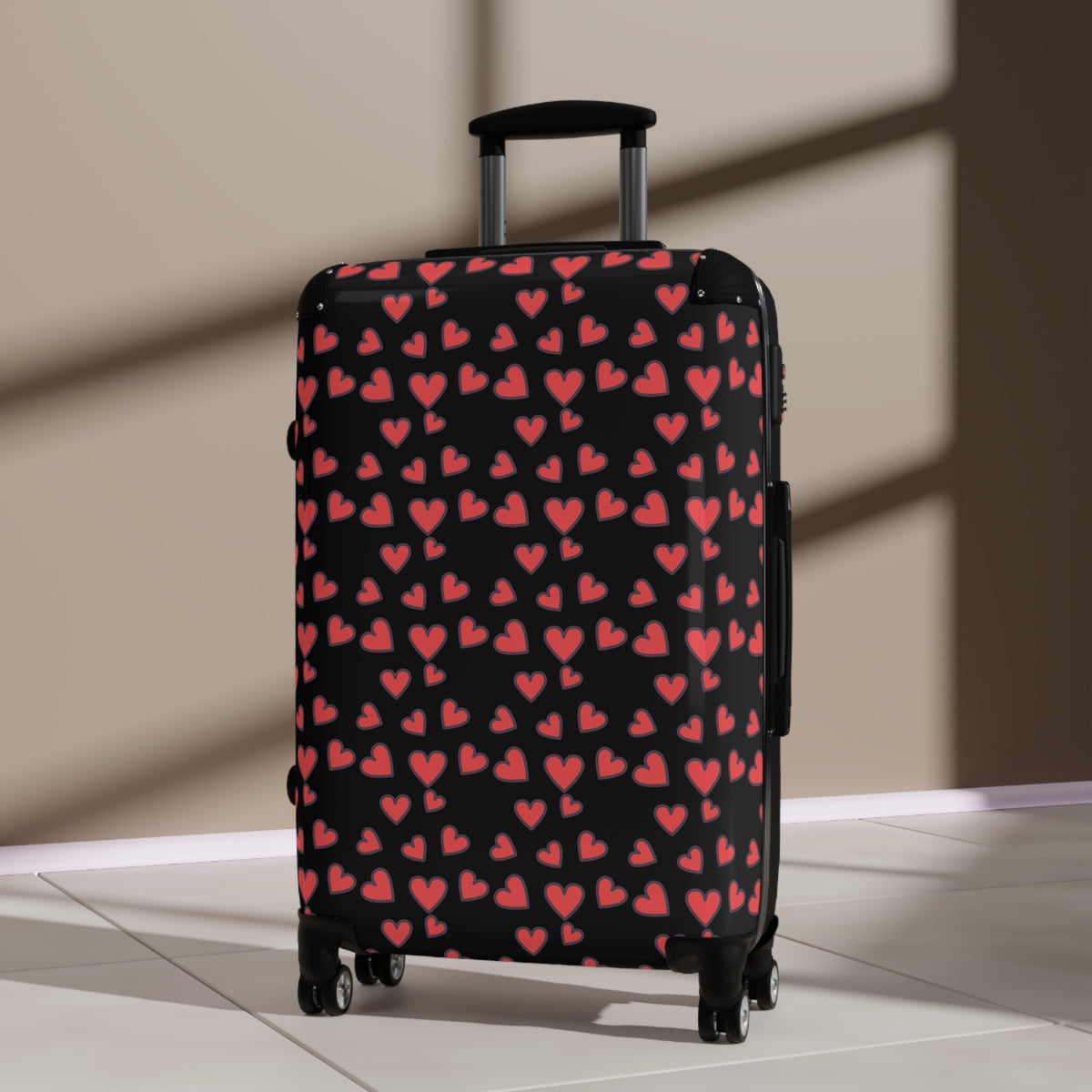 Heart Pattern Carry-On Suitcase — Romantic Red Hearts on Black Travel Luggage