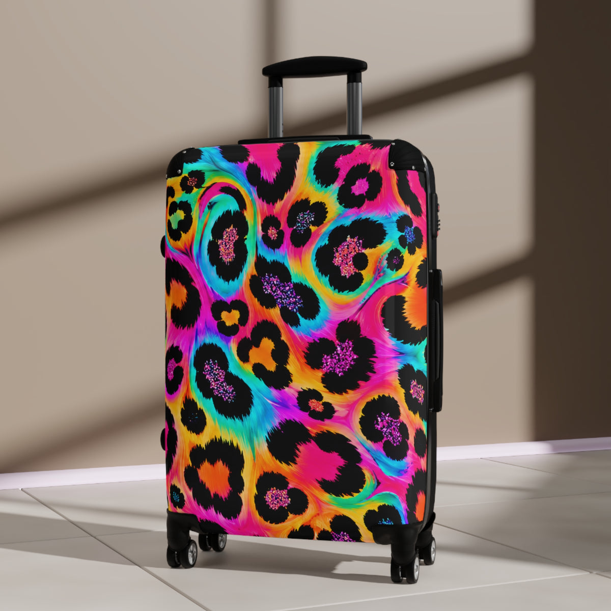 Neon Leopard Carry-On Suitcase — Bright Rainbow Animal Print Travel Luggage