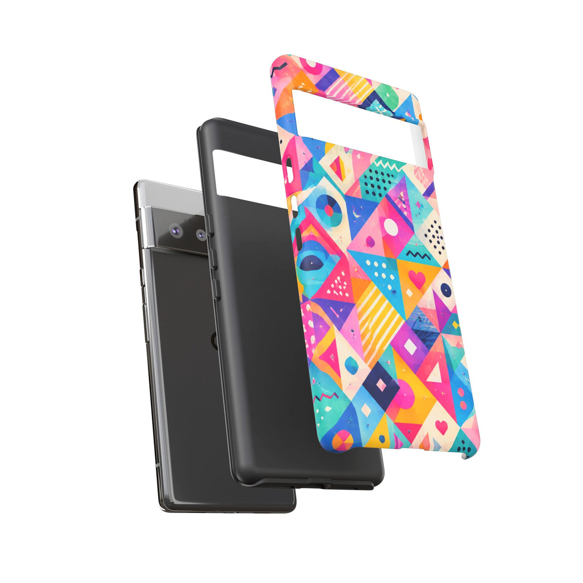 Colorful Geometric Tough Phone Case — Bright Abstract Heart & Triangle Pattern