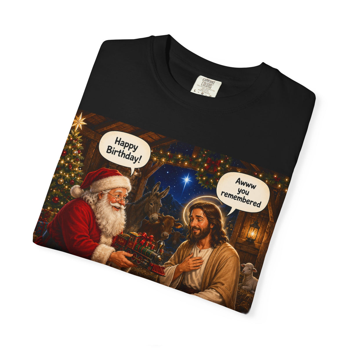 Christmas T-Shirt — Santa & Jesus 'Happy Birthday!' Vintage Nativity Holiday Tee