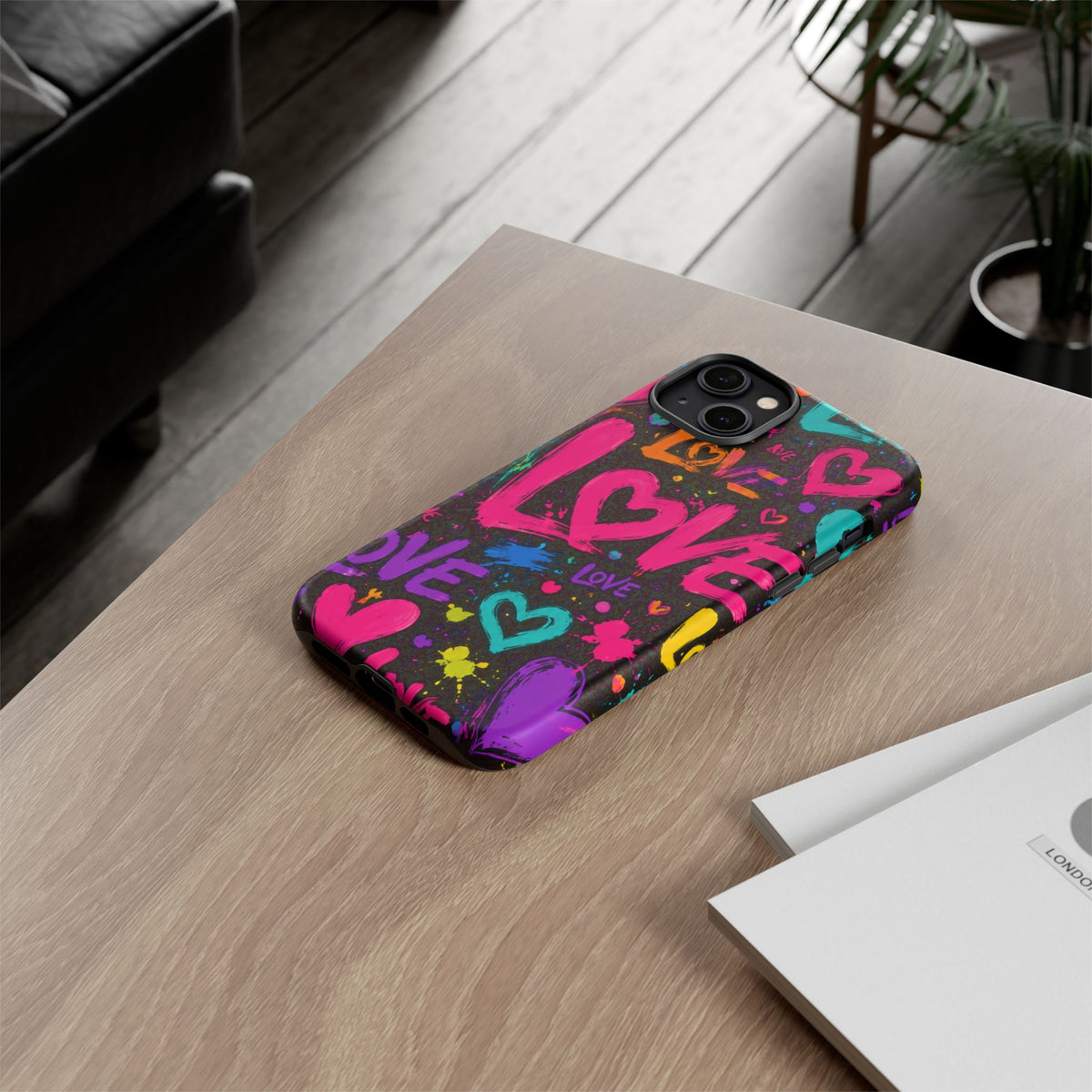 Phone Case — Neon Graffiti "Love" Hearts Protective Tough Case