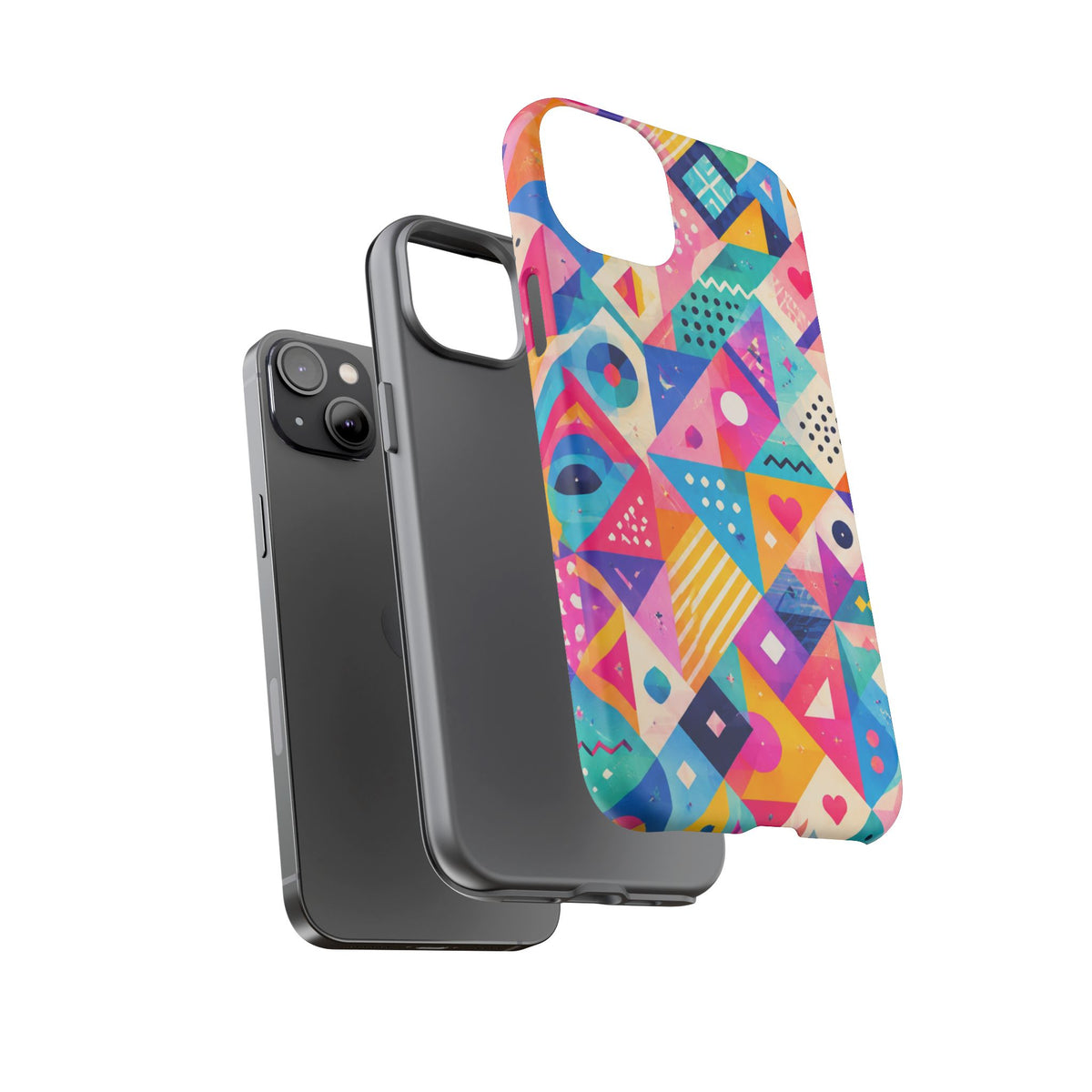 Colorful Geometric Tough Phone Case — Bright Abstract Heart & Triangle Pattern