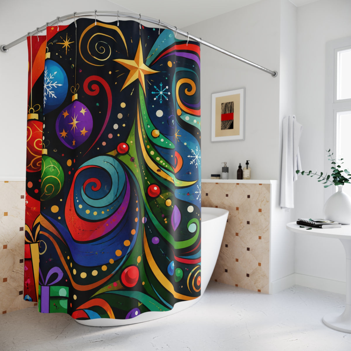 Colorful Swirl Christmas Tree Shower Curtain | Holiday Bathroom Décor