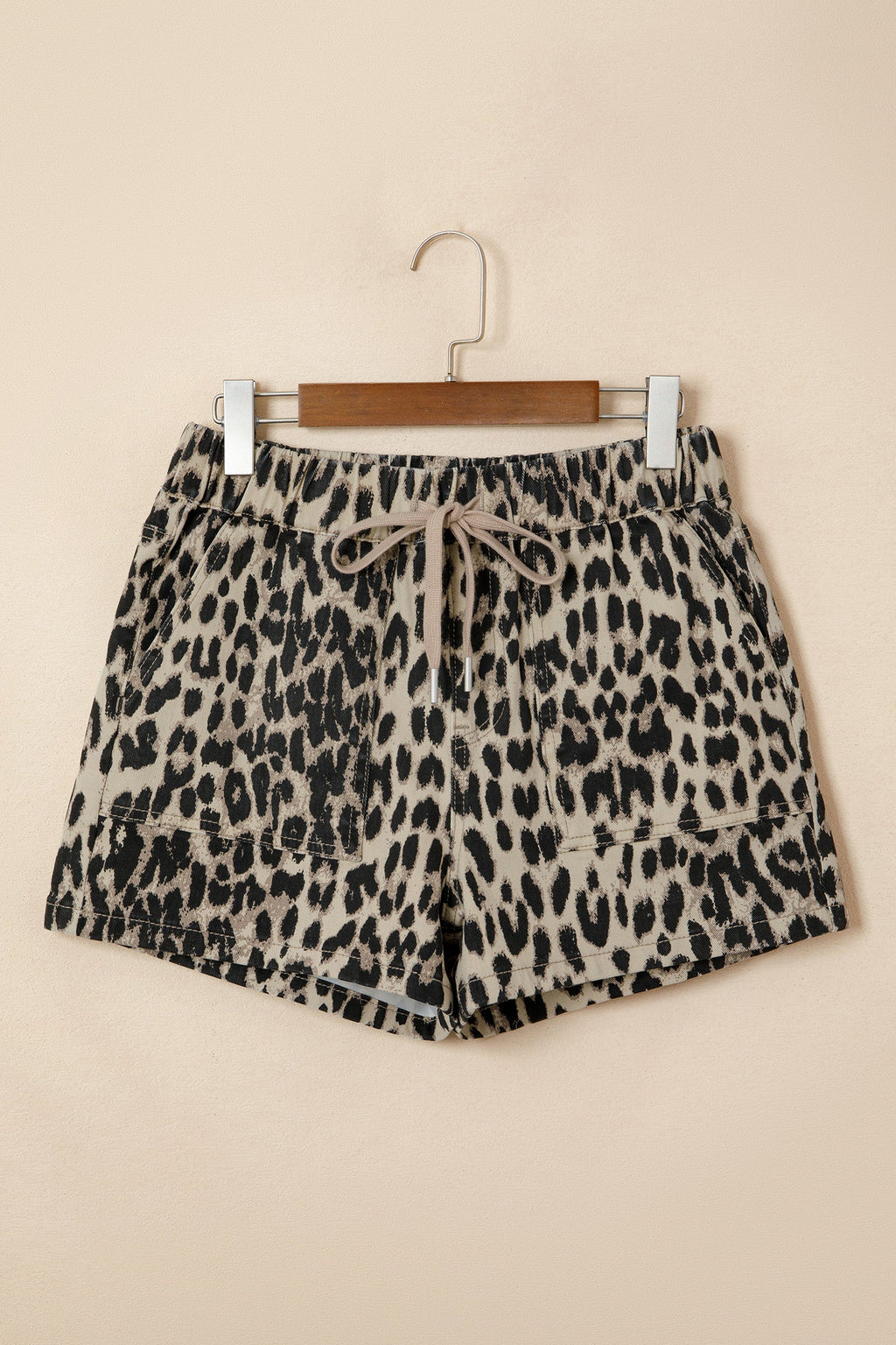 Leopard Denim Drawstring Elastic Waist Shorts