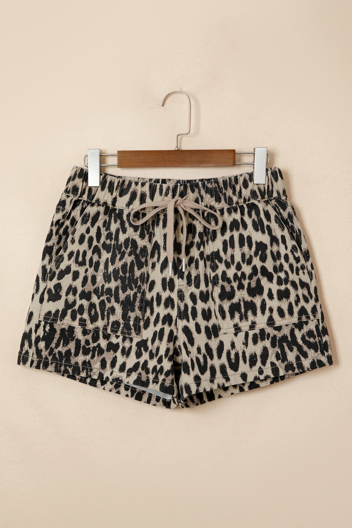 Leopard Denim Drawstring Elastic Waist Shorts