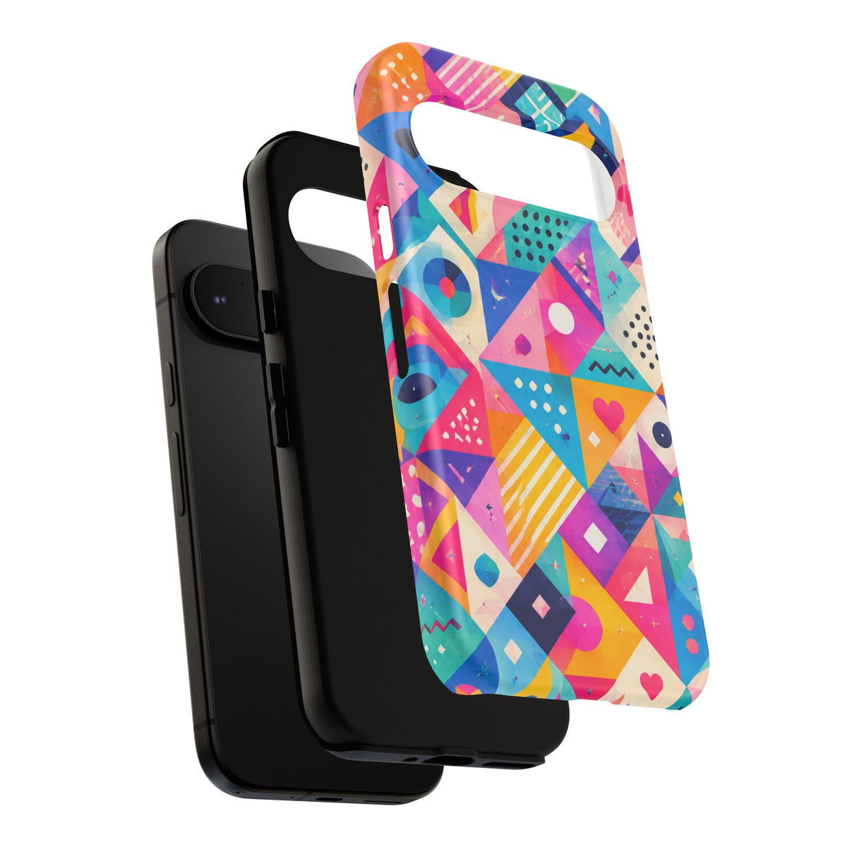 Colorful Geometric Tough Phone Case — Bright Abstract Heart & Triangle Pattern