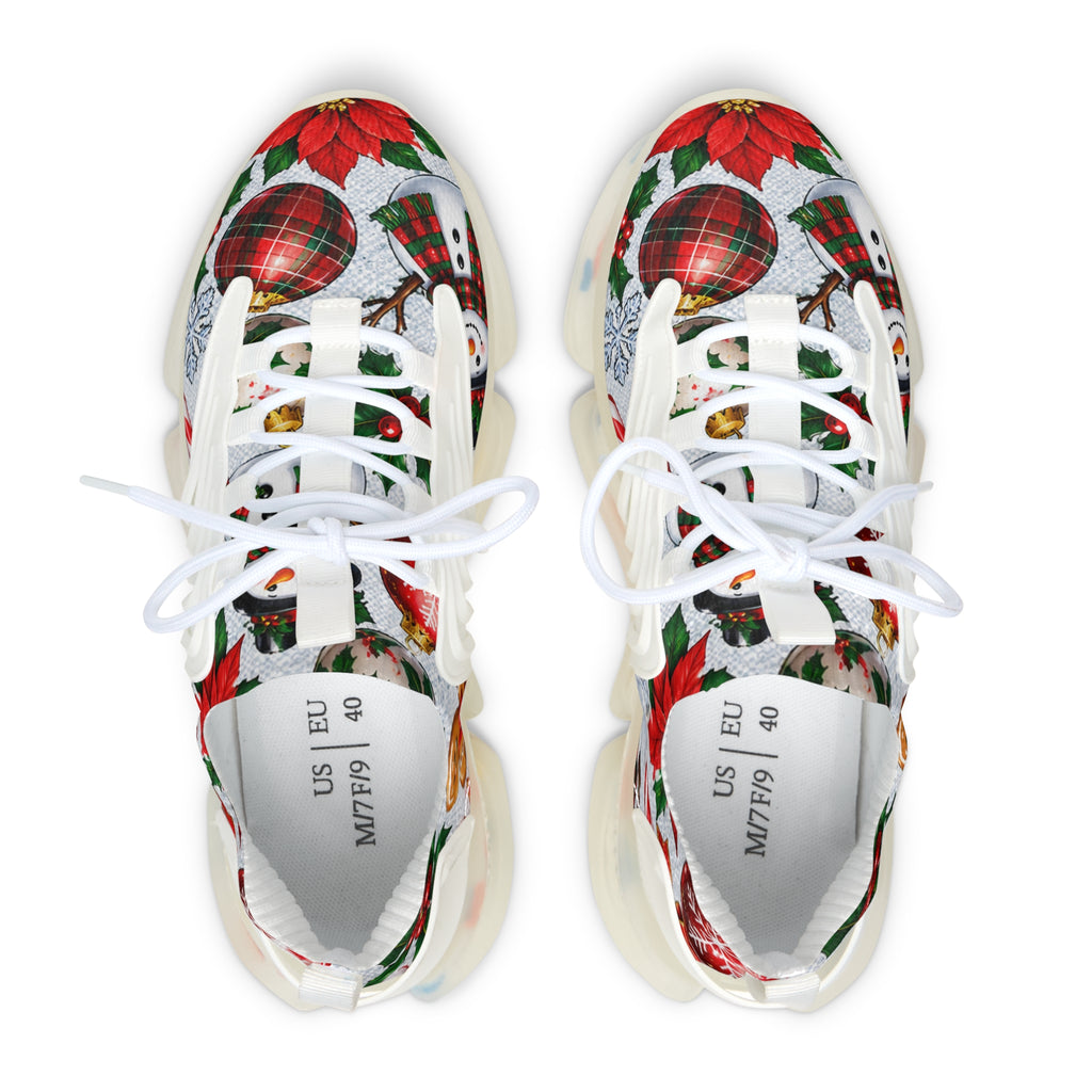 Christmas Snowman & Poinsettia Women's Mesh Sneakers — Holiday Graphic Athletic Shoes