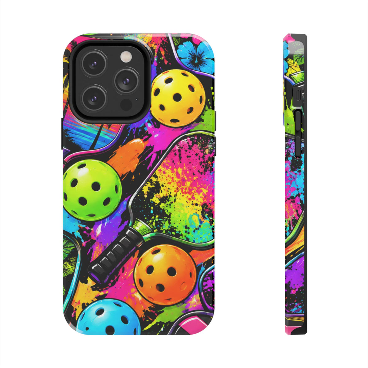 Pickleball Splash Tough Phone Case — Neon Paddle & Ball Protective Cover