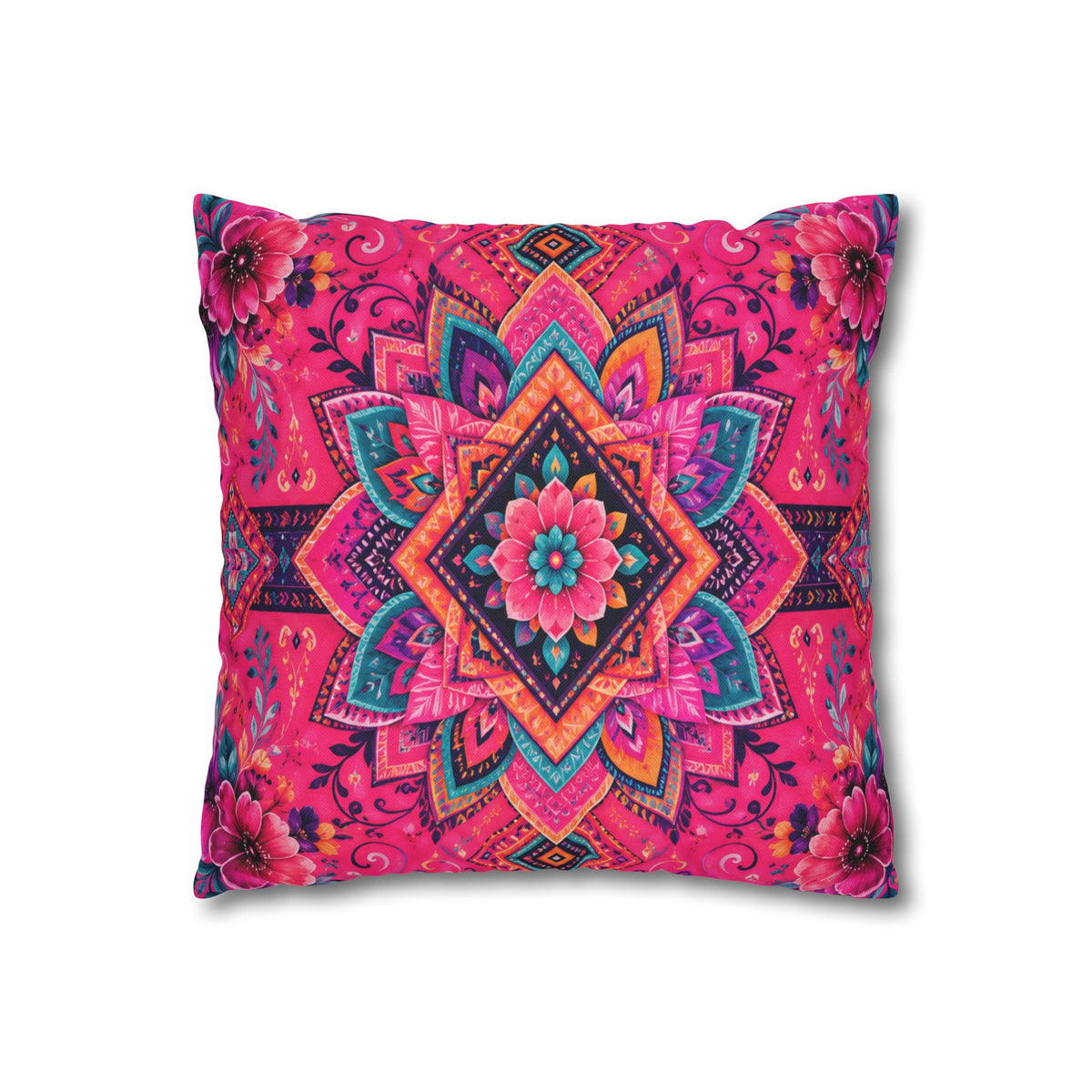 Boho Pink Mandala Pillowcase — Vibrant Floral Decorative Throw Pillow Cover
