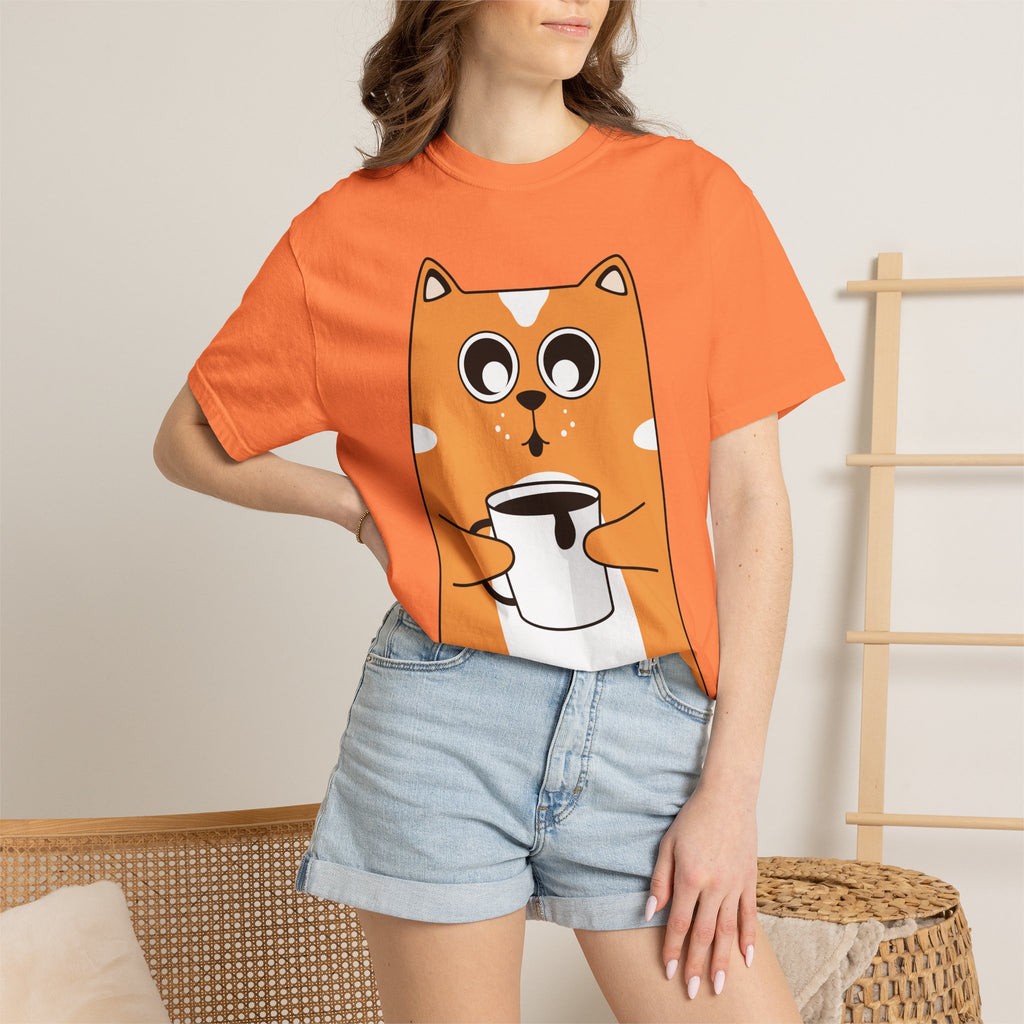 Coffee Cat T-Shirt — Cute Cat Holding Coffee Mug, “My morning doesn’t start until the coffee clocks in” Tee