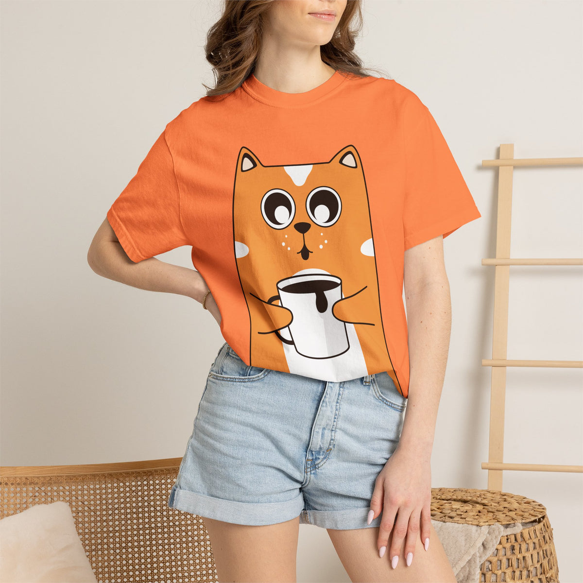 Coffee Cat T-Shirt — Cute Cat Holding Coffee Mug, “My morning doesn’t start until the coffee clocks in” Tee