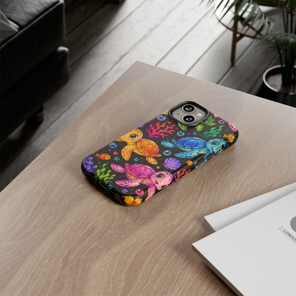 Phone Case — Colorful Cute Sea Turtles on Black (Protective Smartphone Cover)