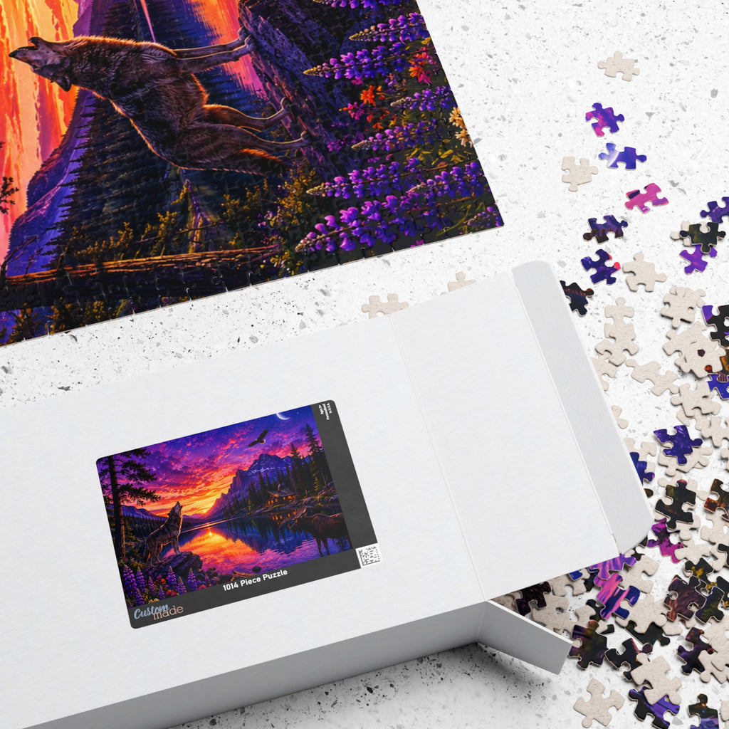 Sunset Wolves Lake Puzzle — Scenic Mountain Landscape Jigsaw (110–1014 pcs)