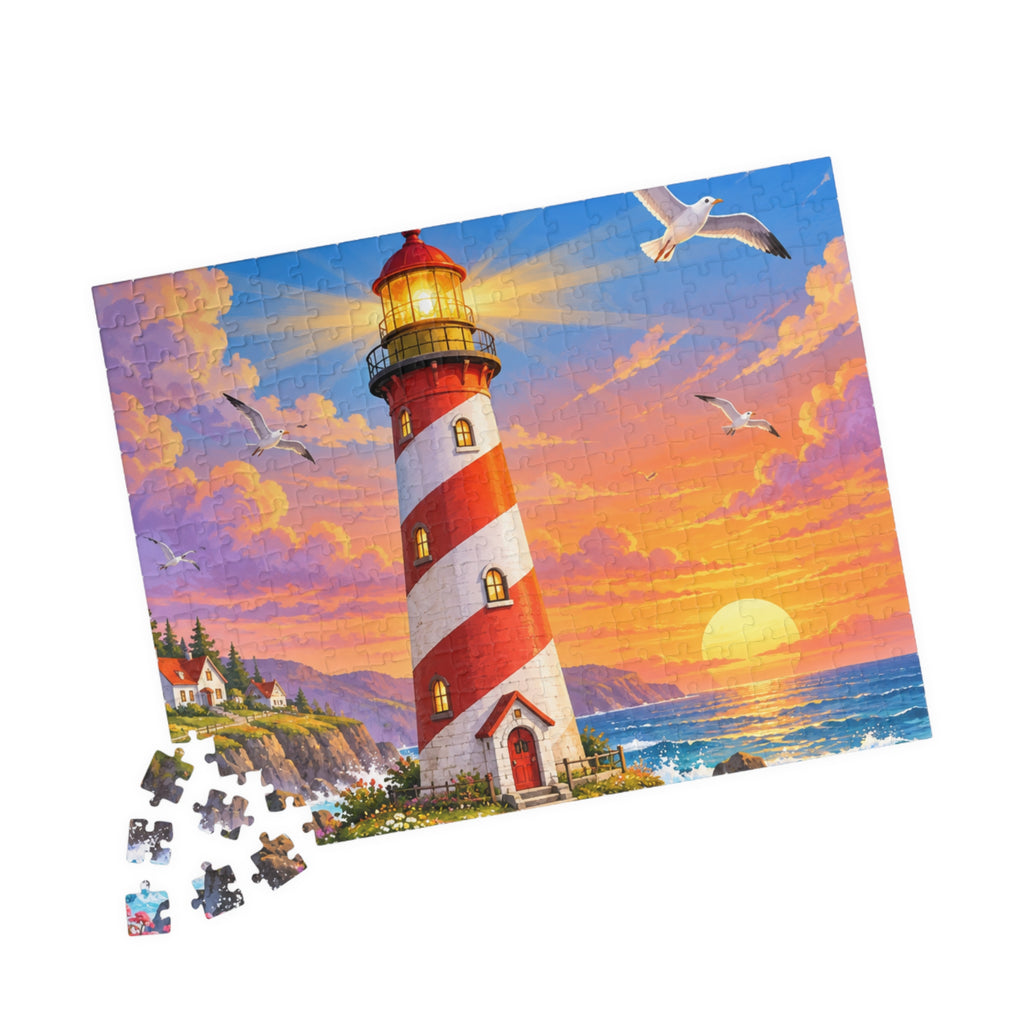 Lighthouse Sunset Seaside Puzzle 520-Piece | Scenic Ocean Jigsaw