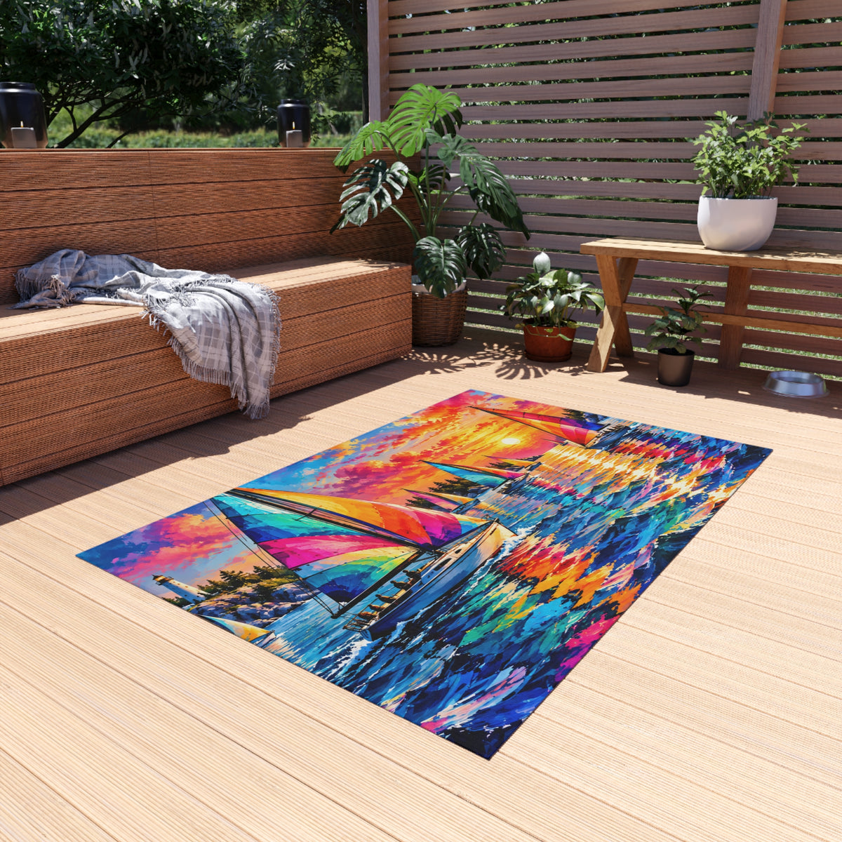 Sailboat Sunset Outdoor Rug — Colorful Nautical Patio Mat