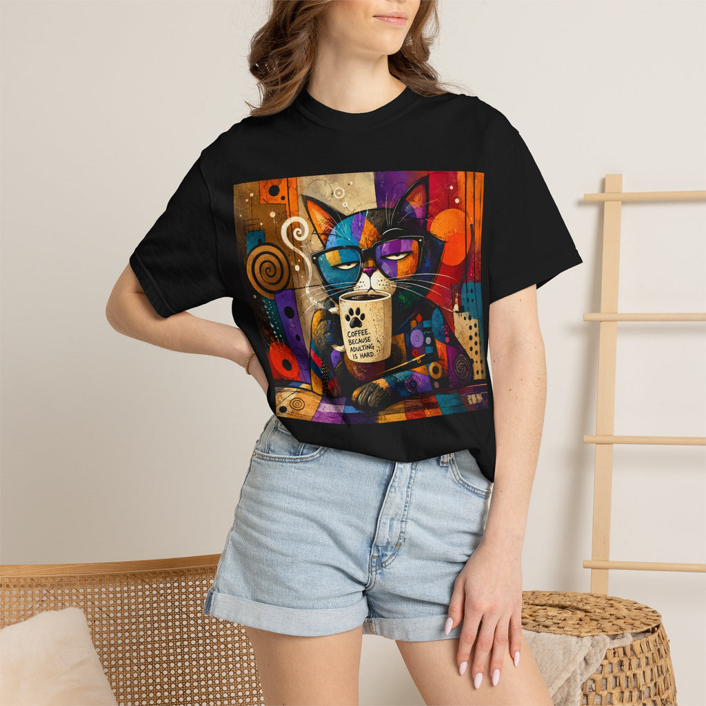 Cat Coffee Art T-Shirt — Colorful Abstract Cat Holding 'Coffee Is Always a Good Idea' Mug
