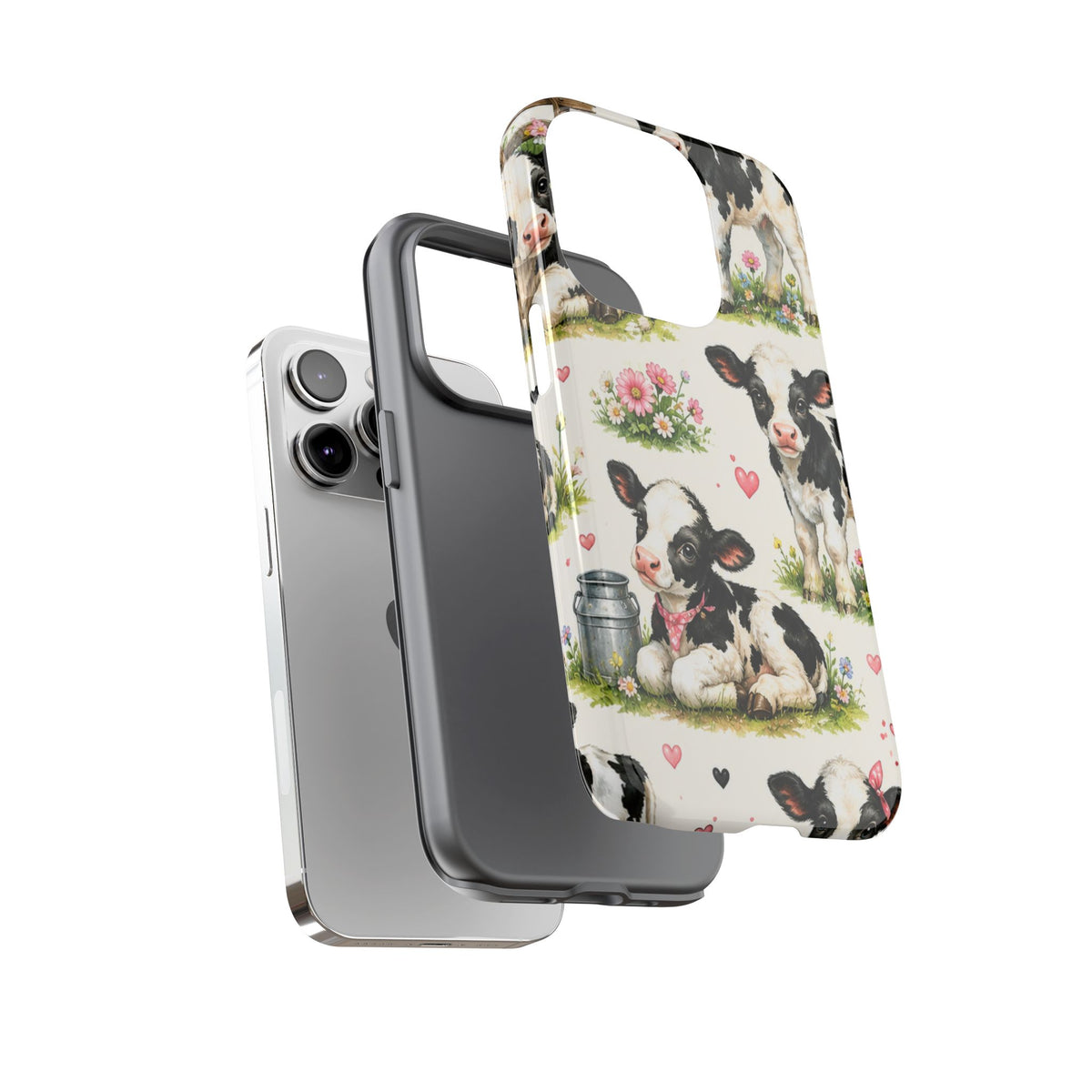 Cute Calf Pattern Phone Case – Pastel Cow Hearts & Flowers Protective Cover