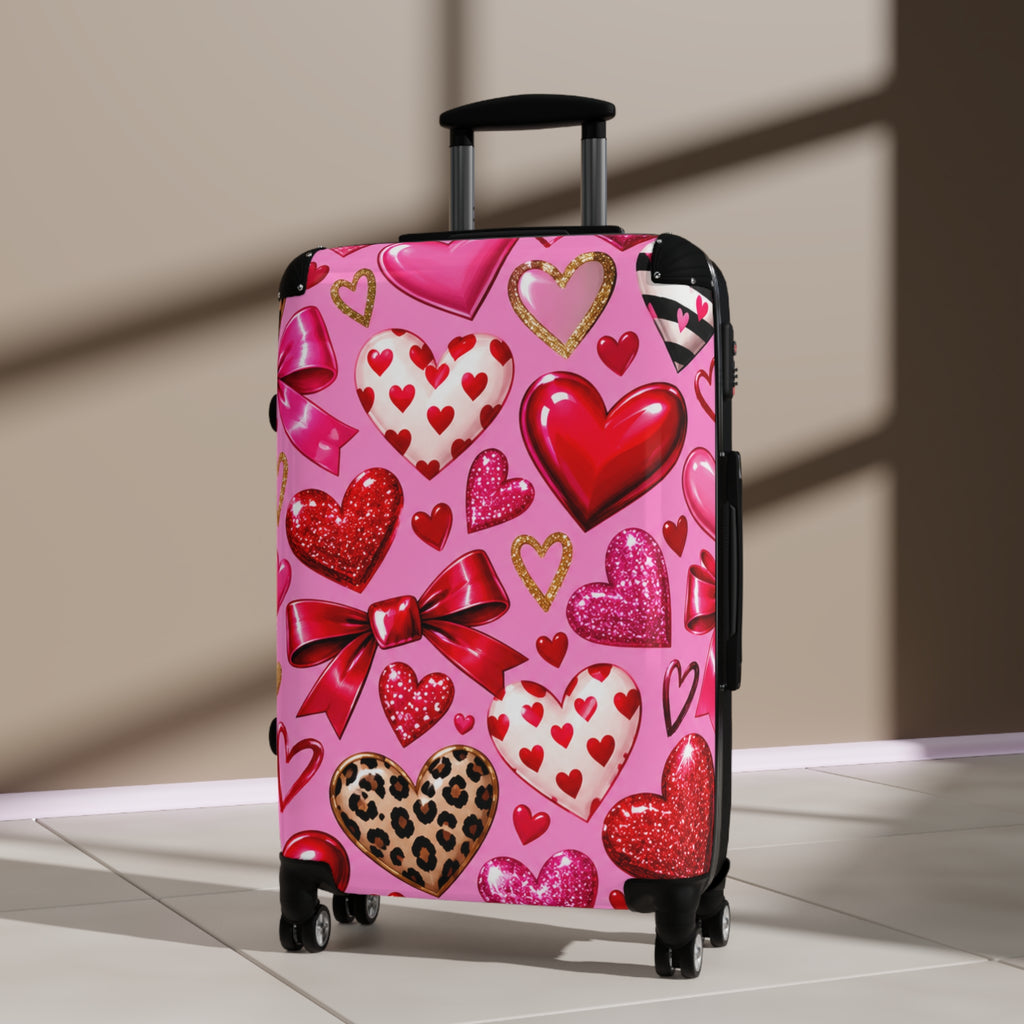 Valentine Heart Pattern Suitcase – Pink Glitter & Leopard Hearts Carry-On