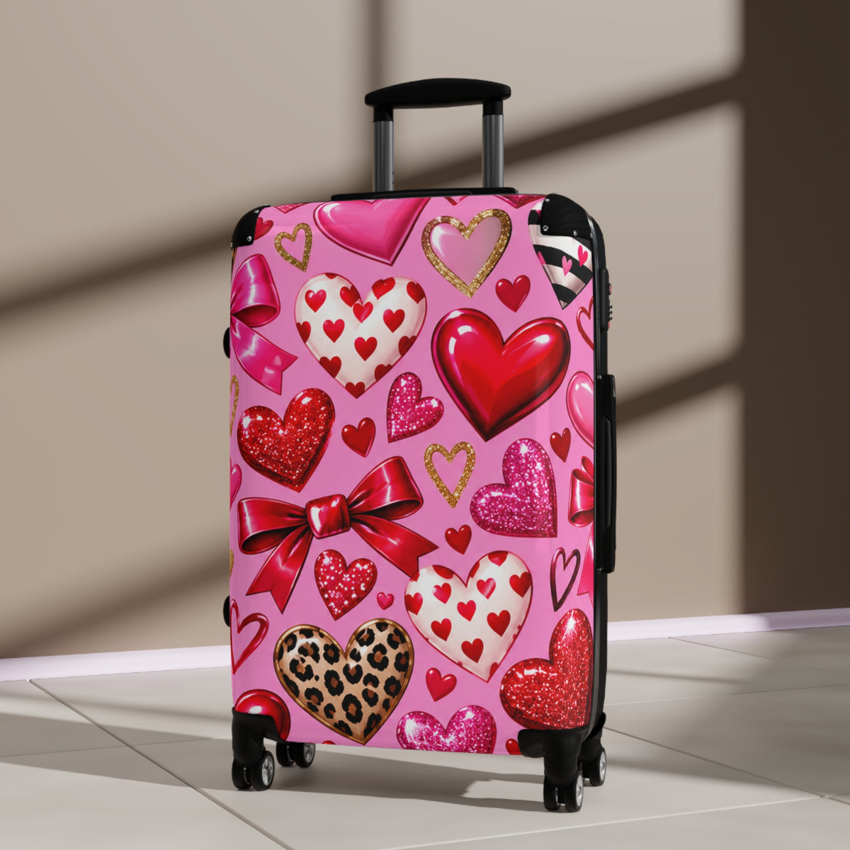 Valentine Heart Pattern Suitcase – Pink Glitter & Leopard Hearts Carry-On