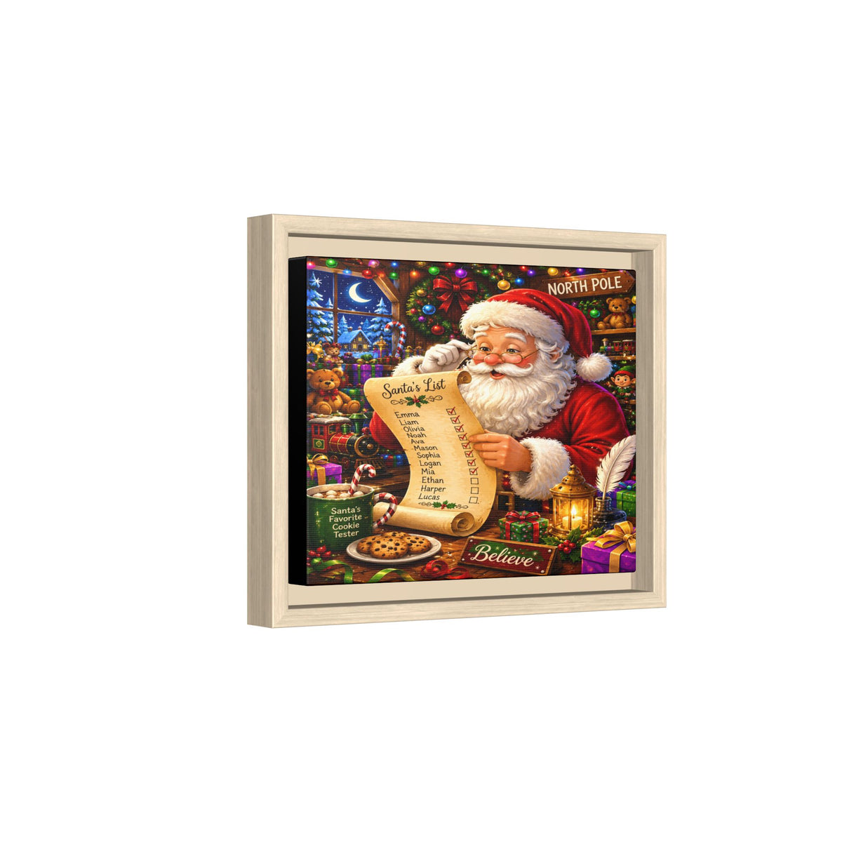 Santa Reading Wish List Matte Framed Canvas — Christmas Holiday Wall Art