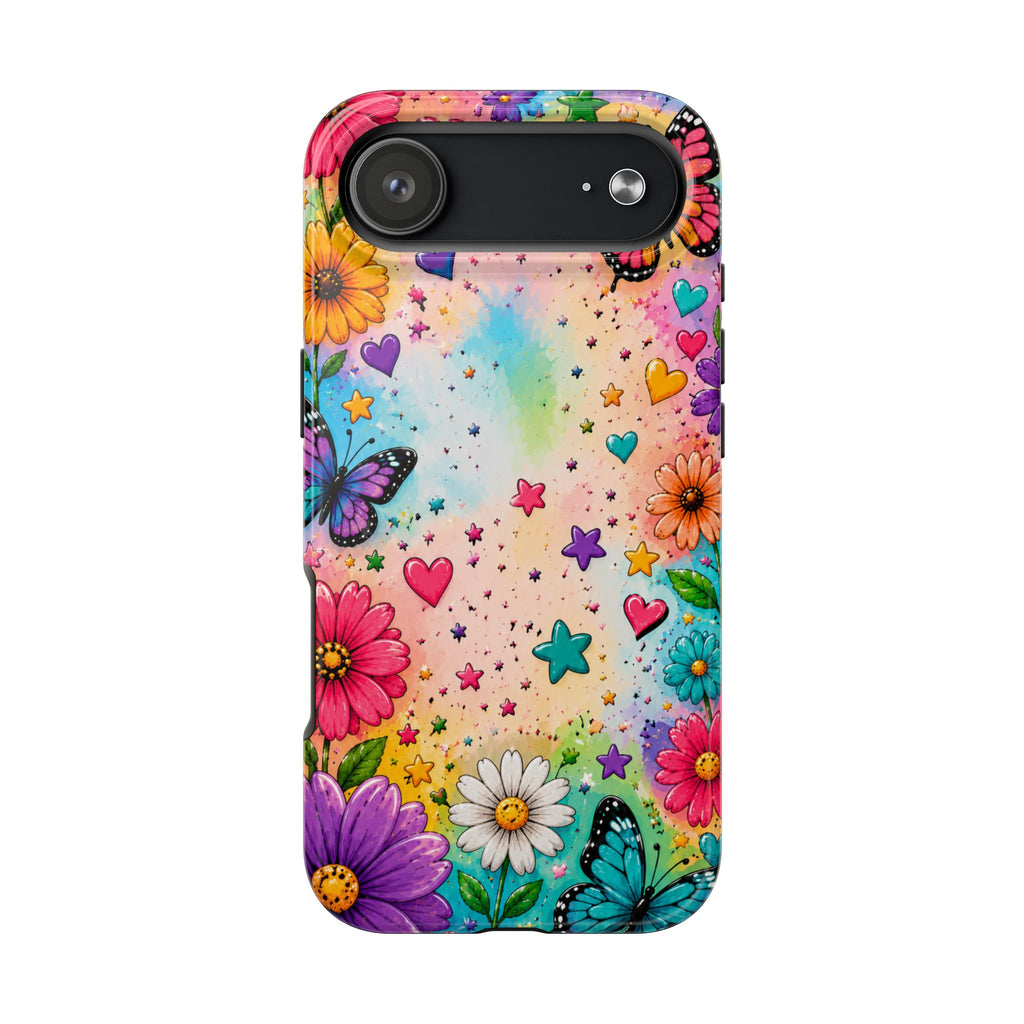 Colorful Butterflies and Flowers Tough Phone Case | Rainbow Hearts Stars