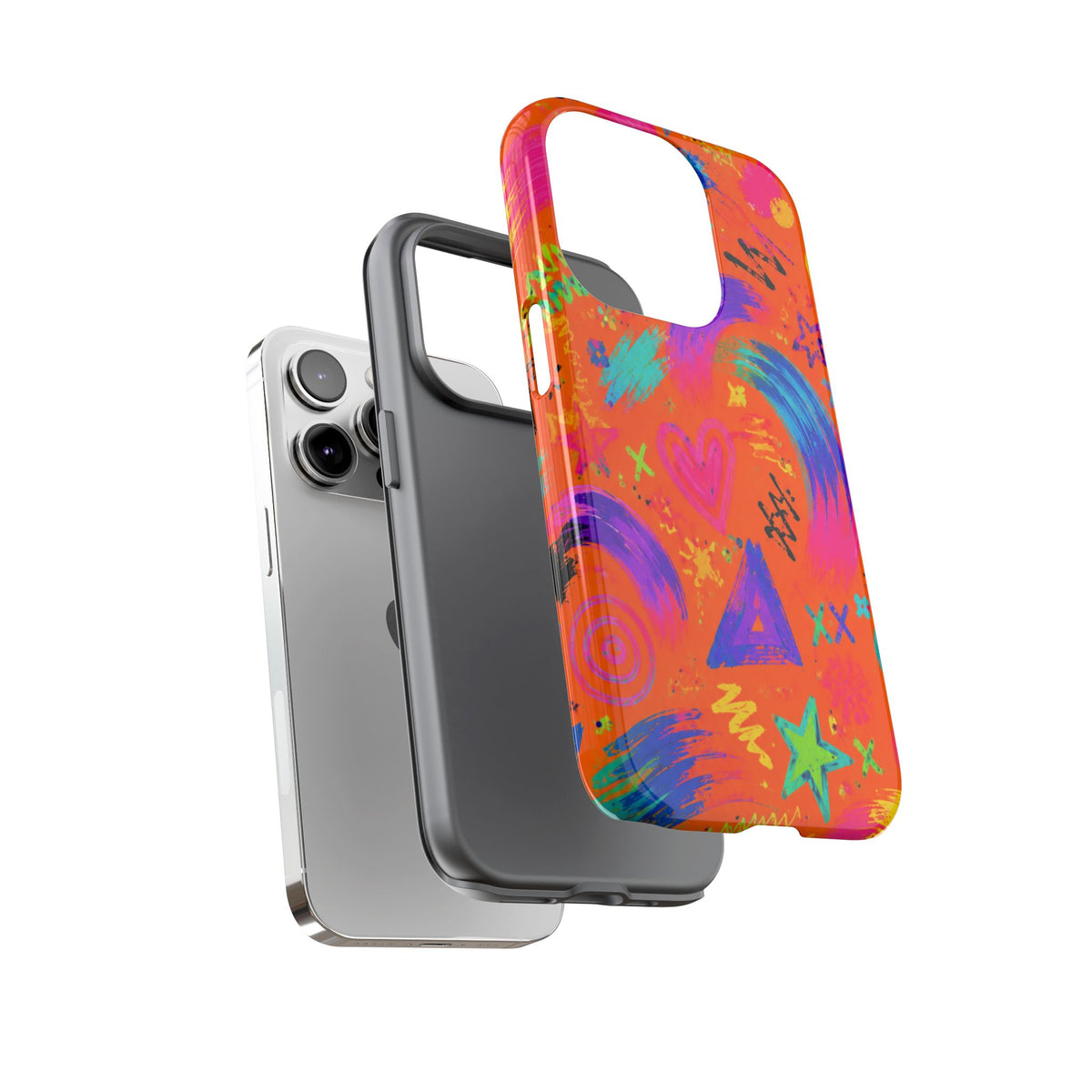 Colorful Neon Doodle Phone Case — Bright Abstract Stars & Hearts Tough Case