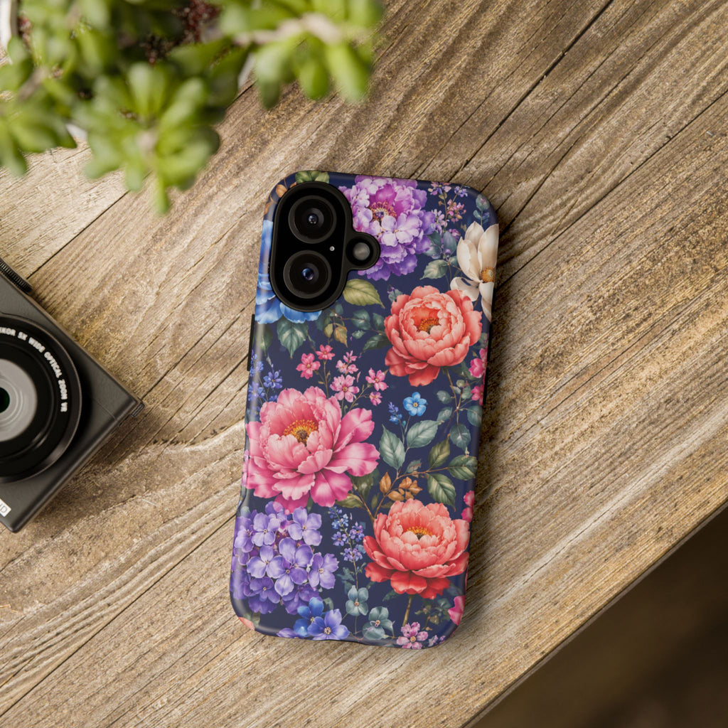 Floral Tough Phone Case – Vibrant Garden Flowers on Navy