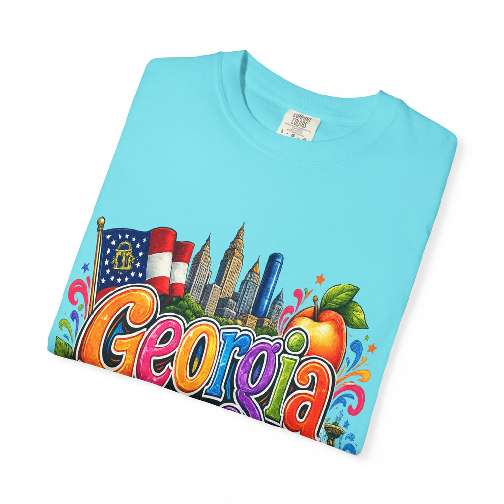 Georgia state illustration T-shirt | Atlanta skyline, peach, magnolia