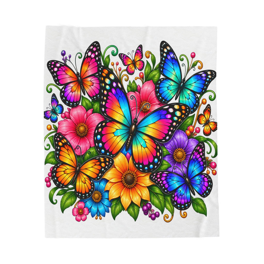 Butterfly Garden Velveteen Plush Blanket — Vibrant Rainbow Butterflies & Flowers Throw